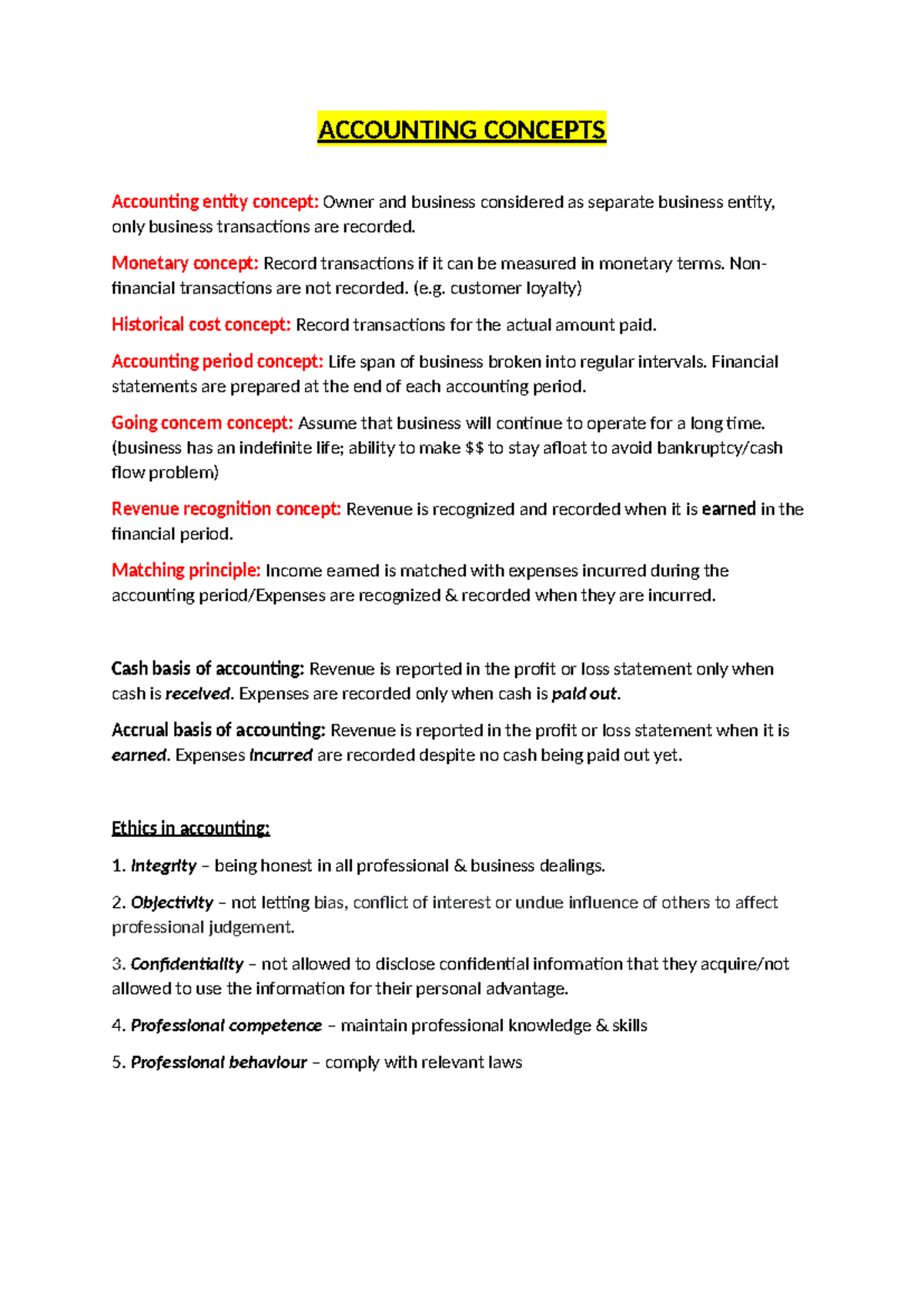 ACC101 - Accounting Concepts: Key Principles and Ethics Notes - Studocu