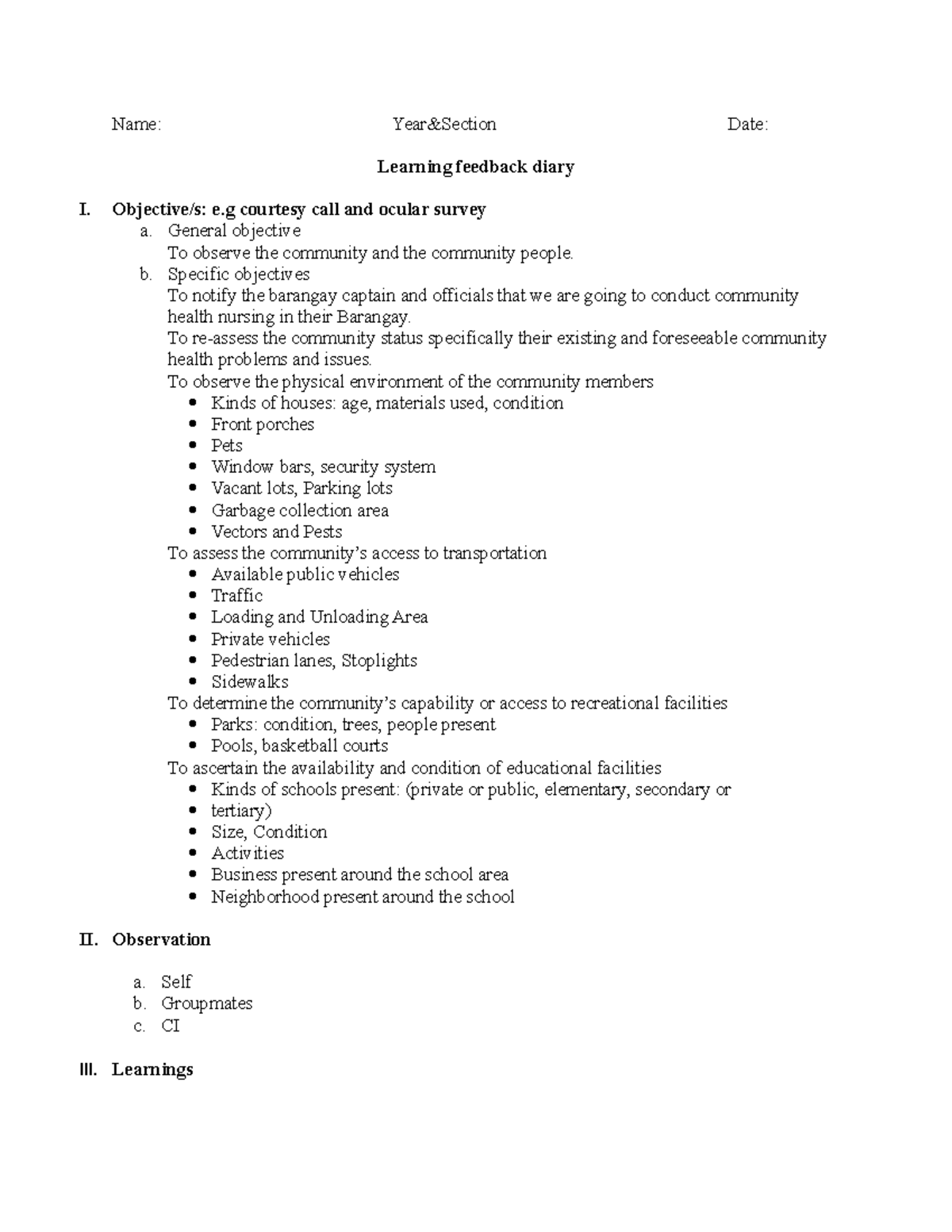 Learning Feedback Diary - CHN - Name: Year&Section Date: Learning ...