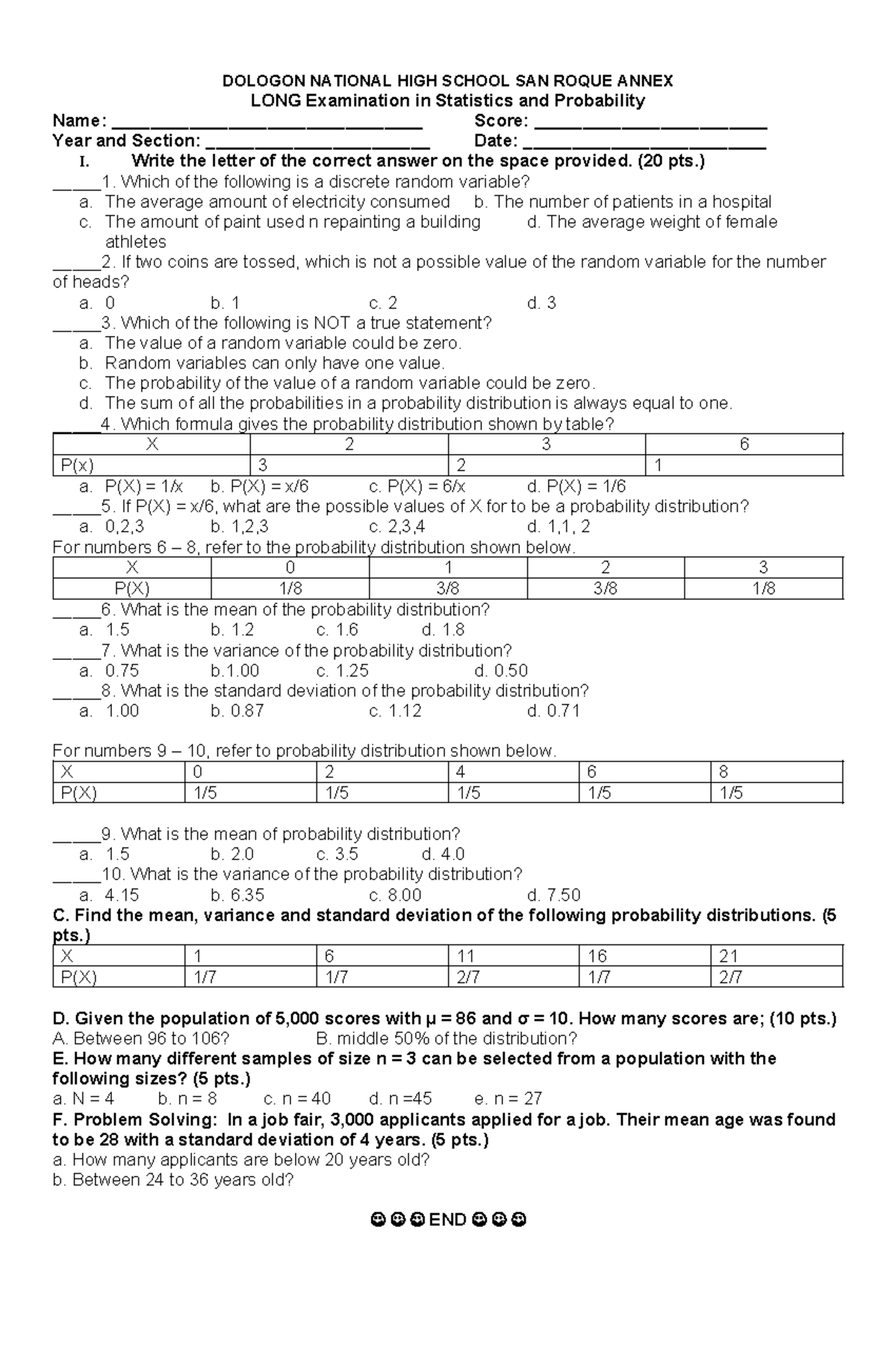 395330600 Midterm Exam in Statistics and Probability Grade 11 - DOLOGON ...