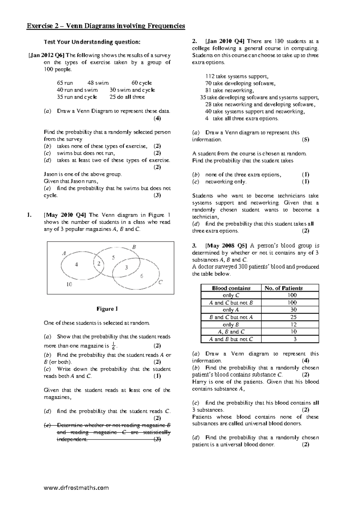 S1 Probability Exercises: Venn Diagrams & Probability Calculations ...
