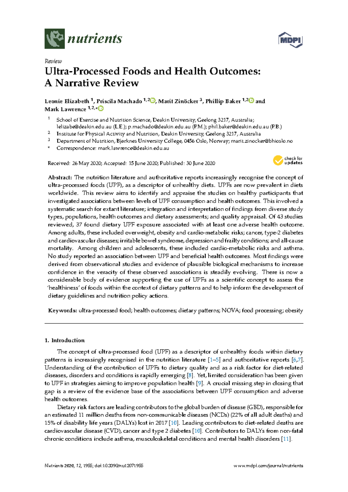 Nutrients 2020, 12, 1955: Review of UPF Consumption and Health Outcomes ...