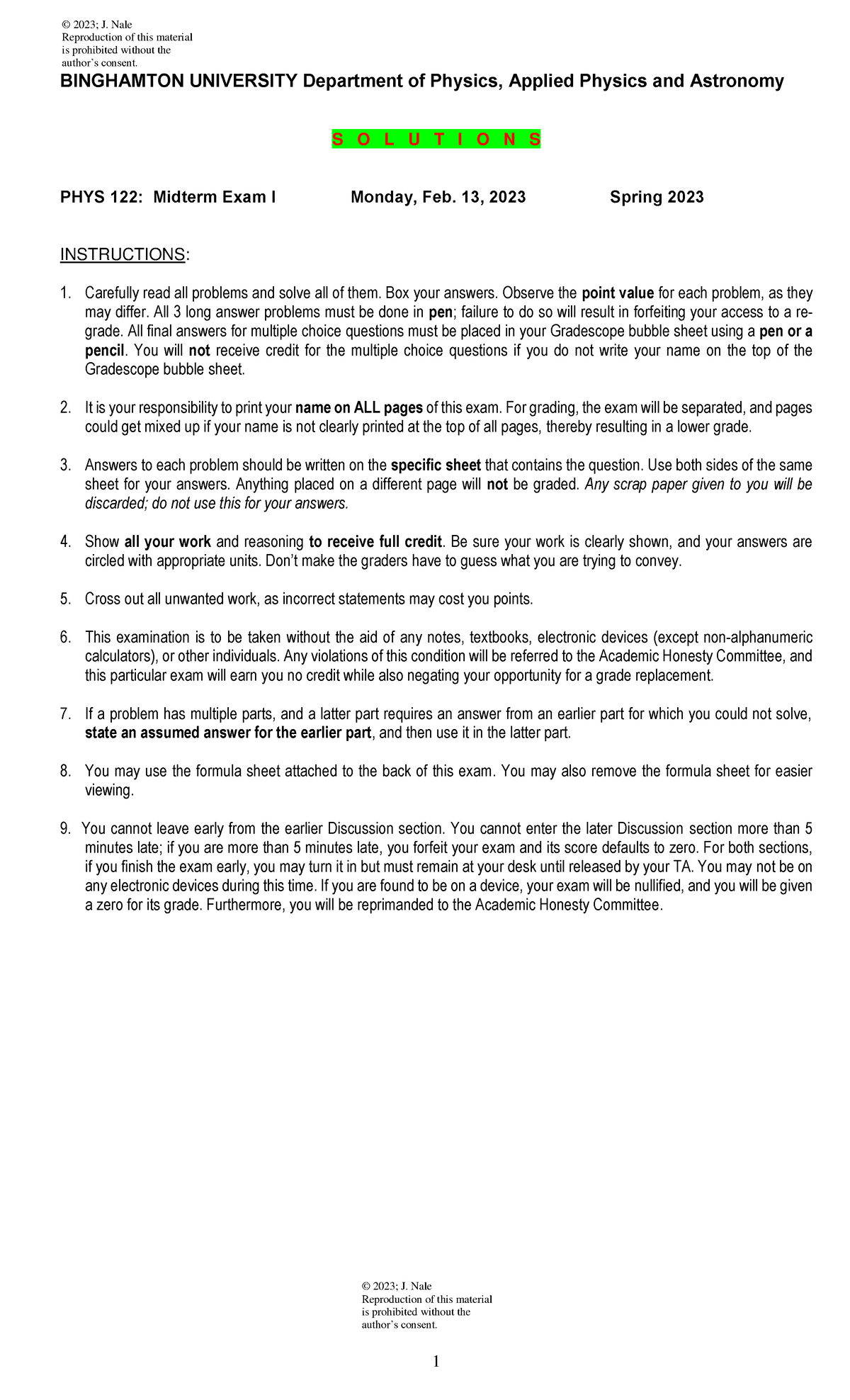 PHYS 122: Midterm Exam I solutions for Spring 2023 - Studocu