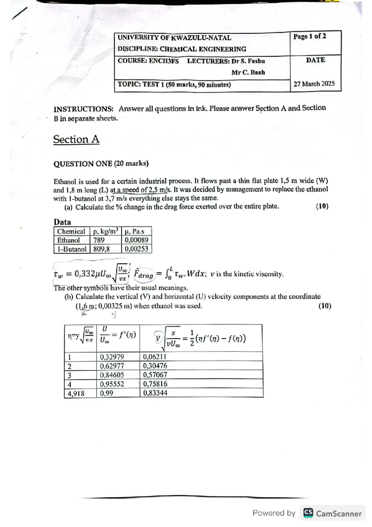 ENCH3FS 2025 Chemical Engineering Test 1 Questions and Solutions - Studocu