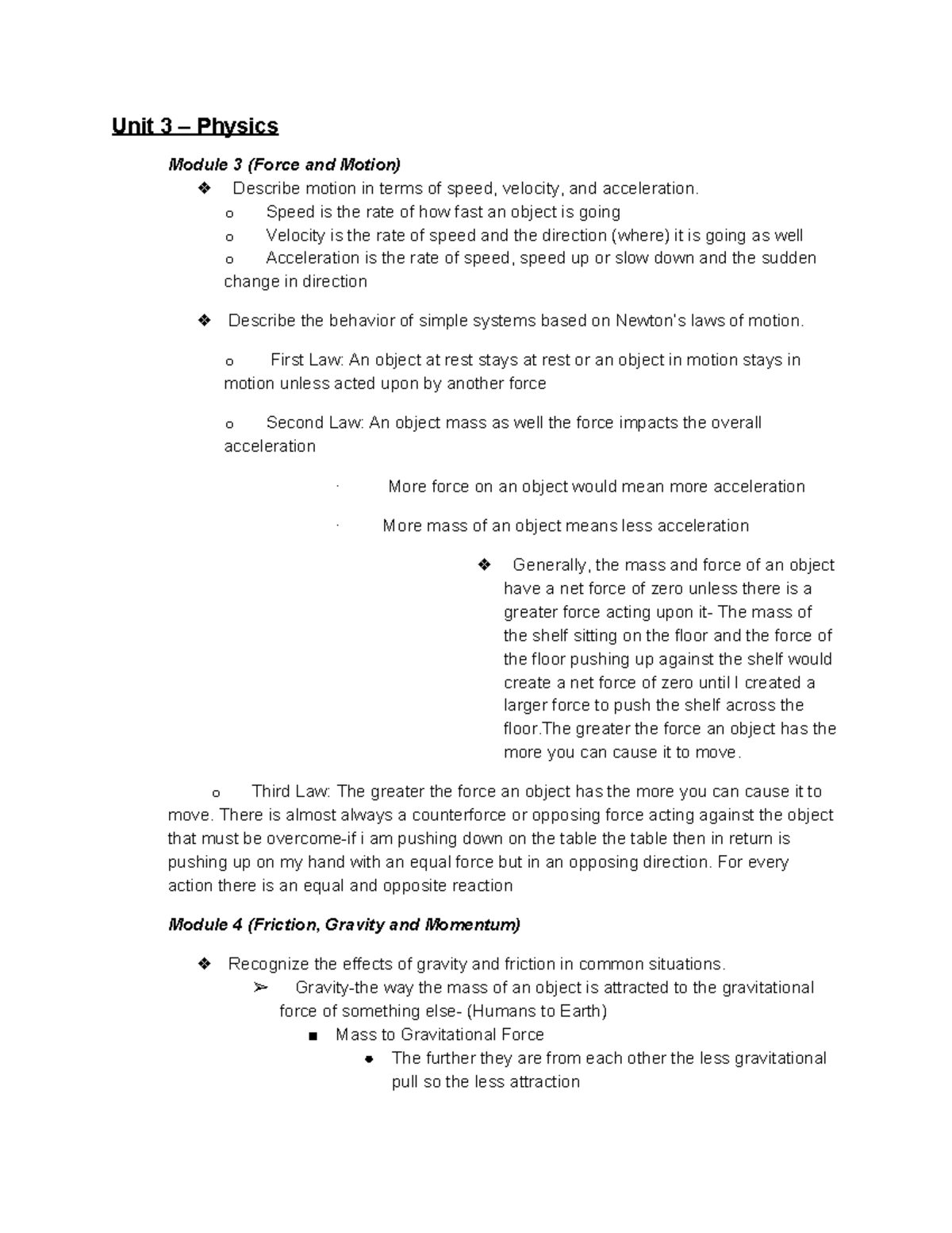 Physical Science Study Guide - Unit 3 Physics 3 (Force and Motion ...
