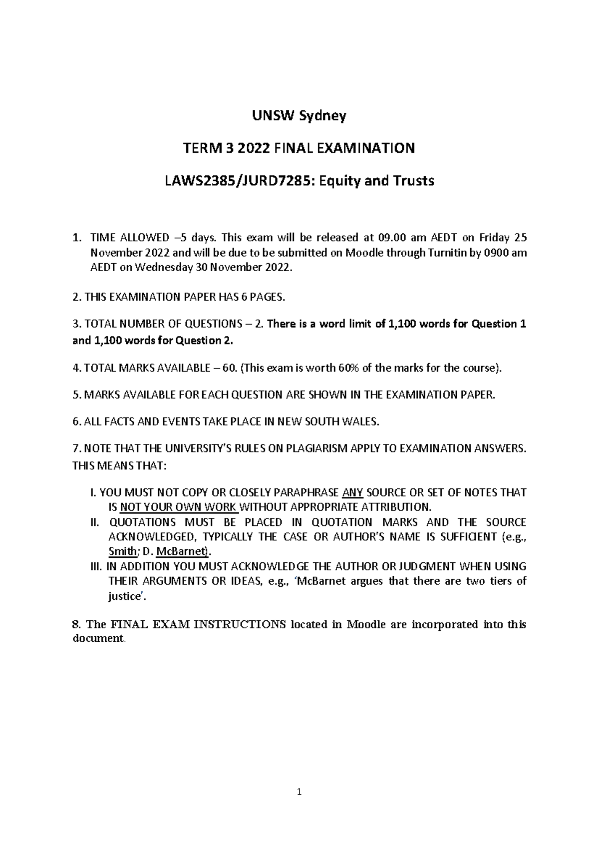 Equity and Trusts Final Exam LAWS2385/JURD7285 T3 2022 Instructions and ...