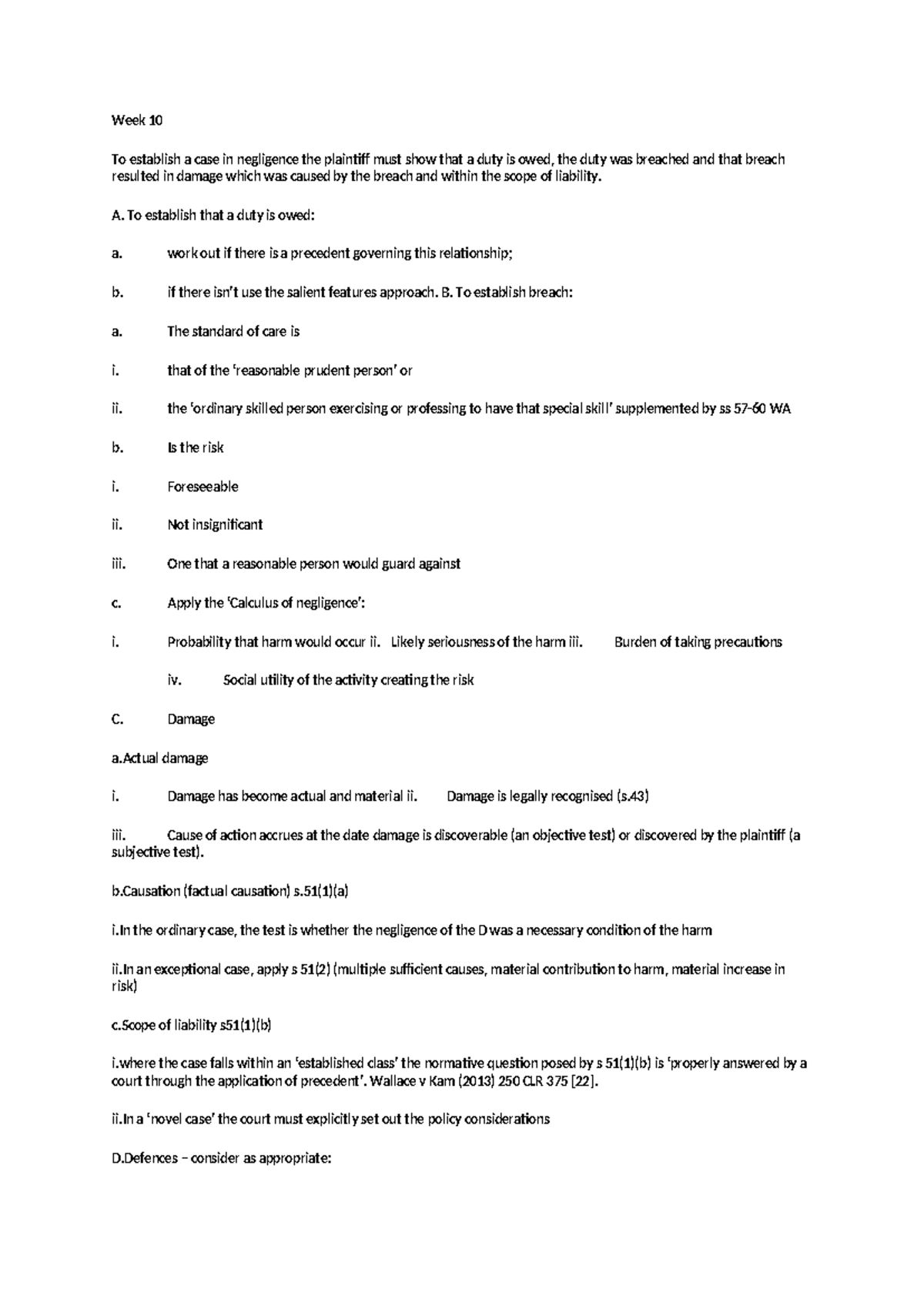 Week 10 - Negligence Case Analysis and Defences (Law 101) - Studocu