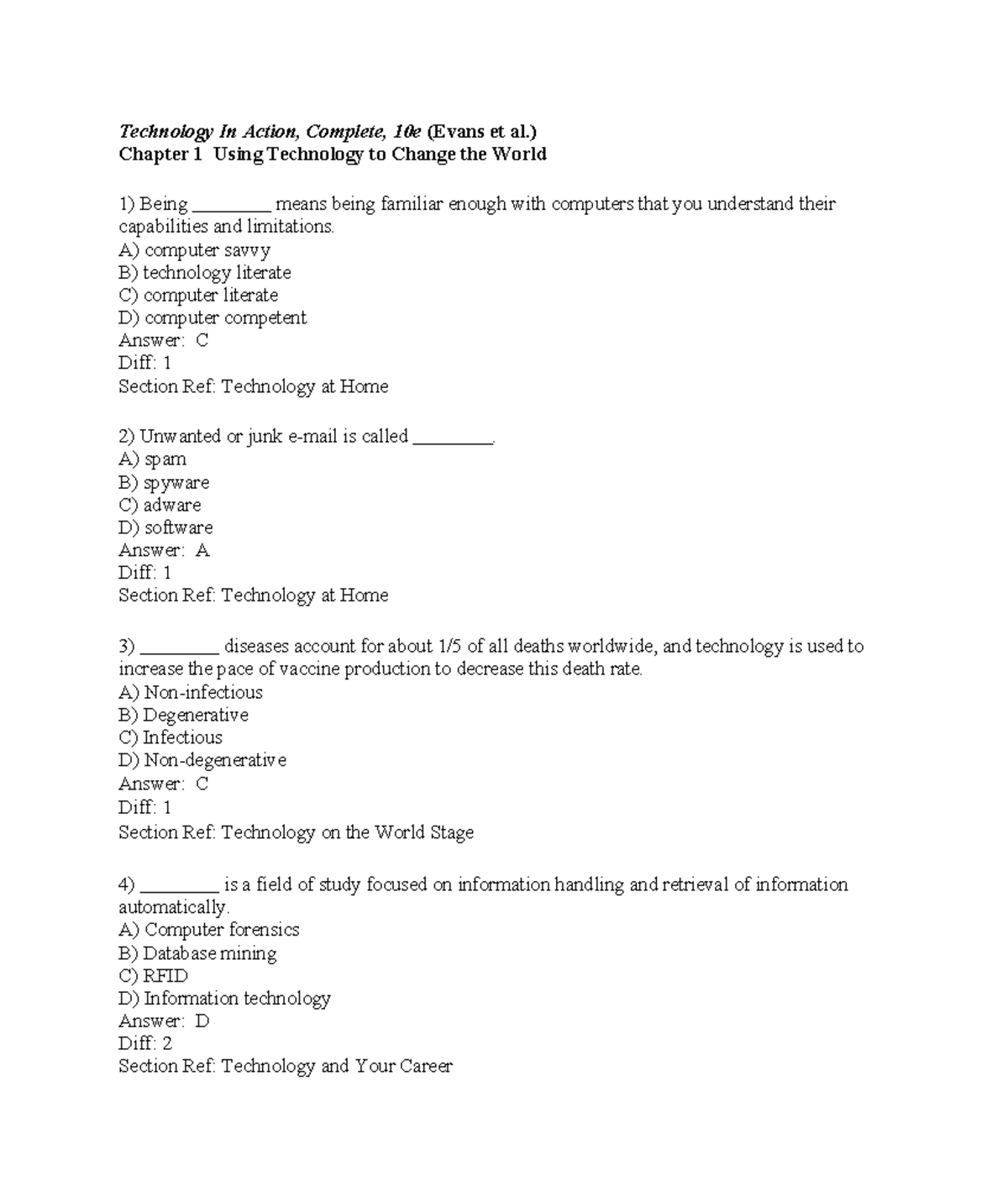 CP102 Test Bank - Technology In Action, Complete, 10e (Evans et al ...