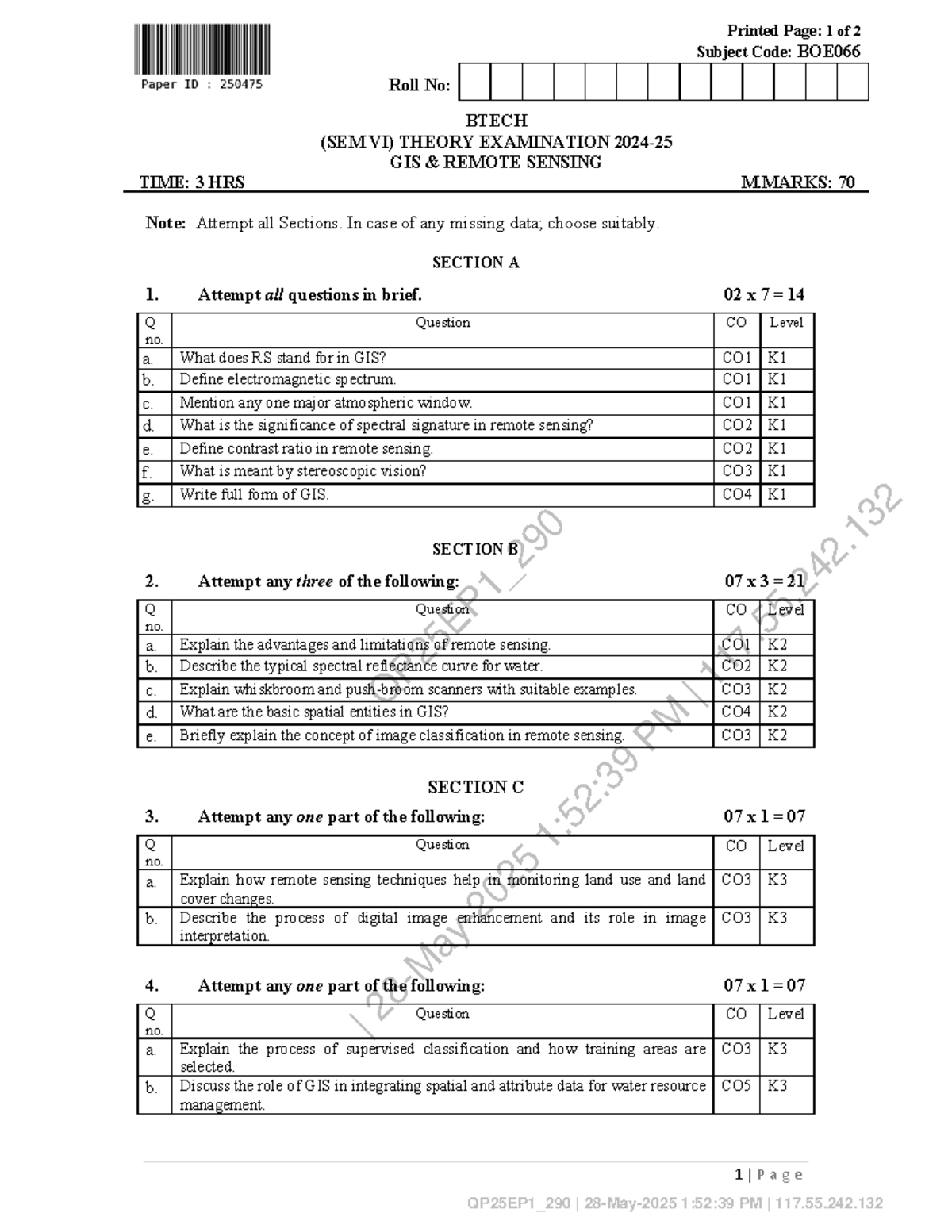 BOE066 - BTECH VI Sem Theory Exam: GIS & Remote Sensing Notes - Studocu
