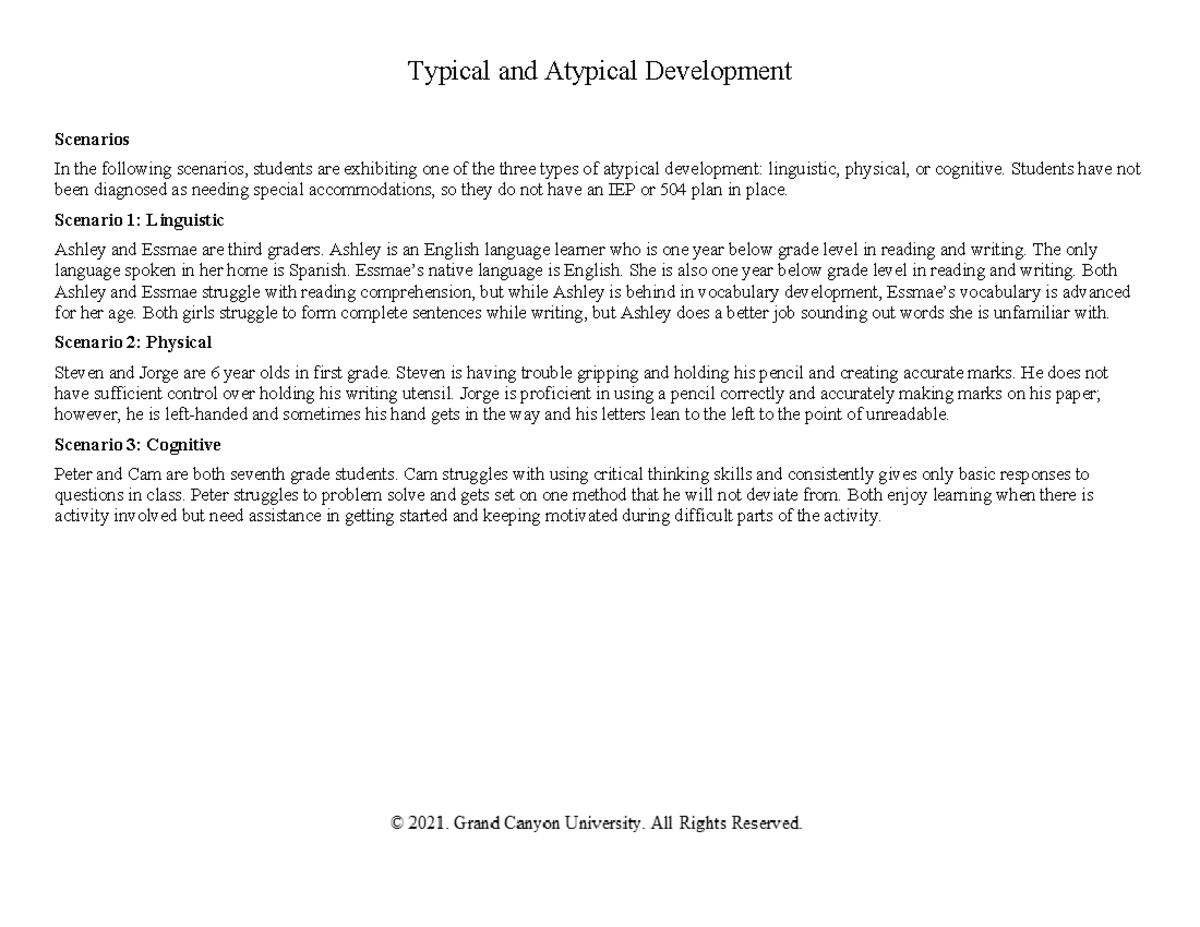 Typical and Atypical Development Scenarios: Linguistic, Physical ...