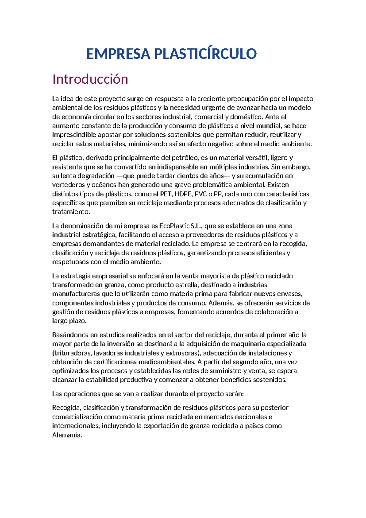 EL Proyecto DEL Reciclaje DEL Plástico: EcoPlastic S.L. y Economía ...