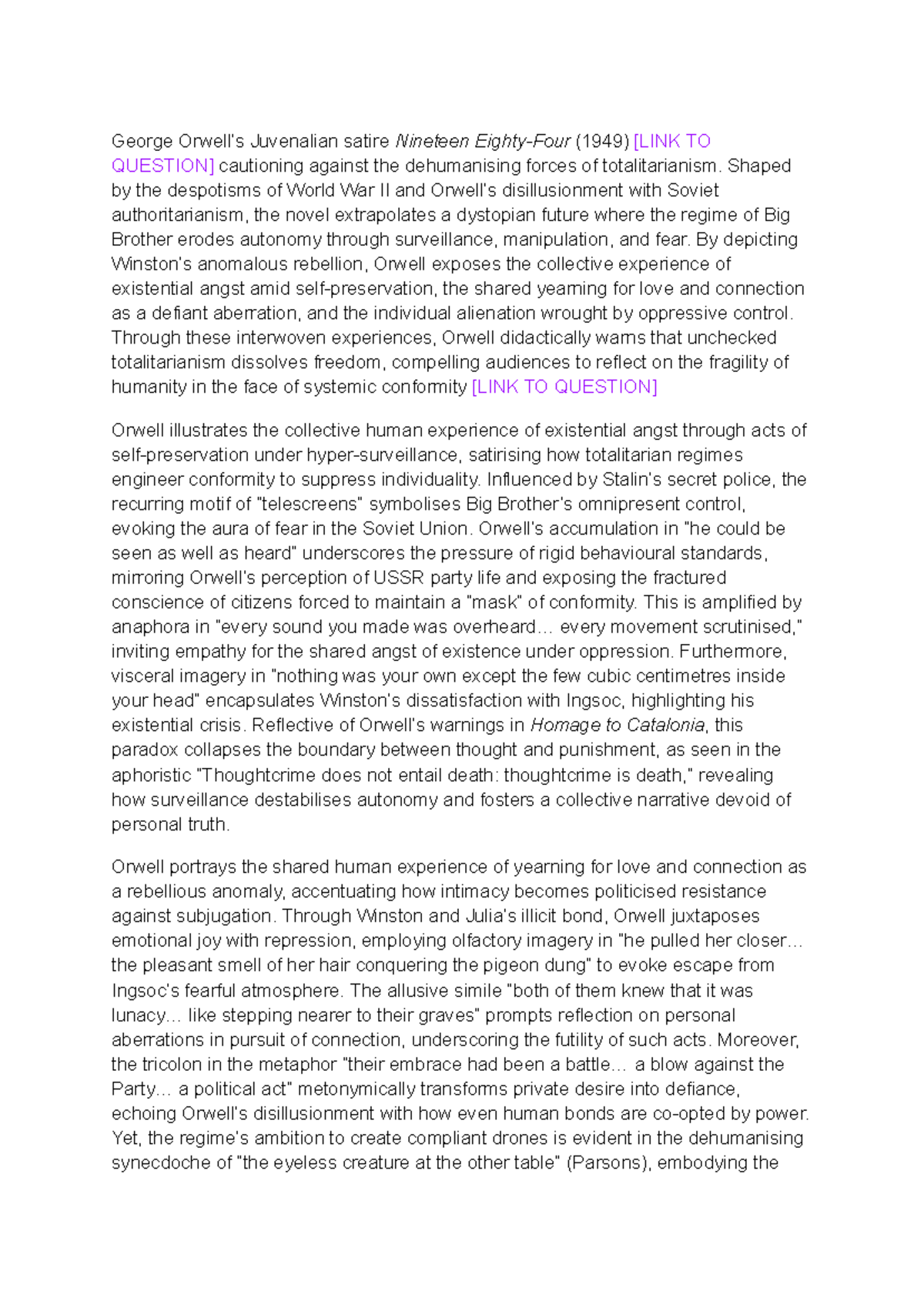 1984 Essay - Band 6: Orwell's Dystopian Satire on Totalitarianism - Studocu