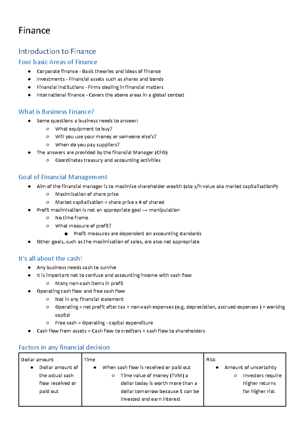 FBF 101: Introduction to Finance - Key Concepts and Theories - Studocu