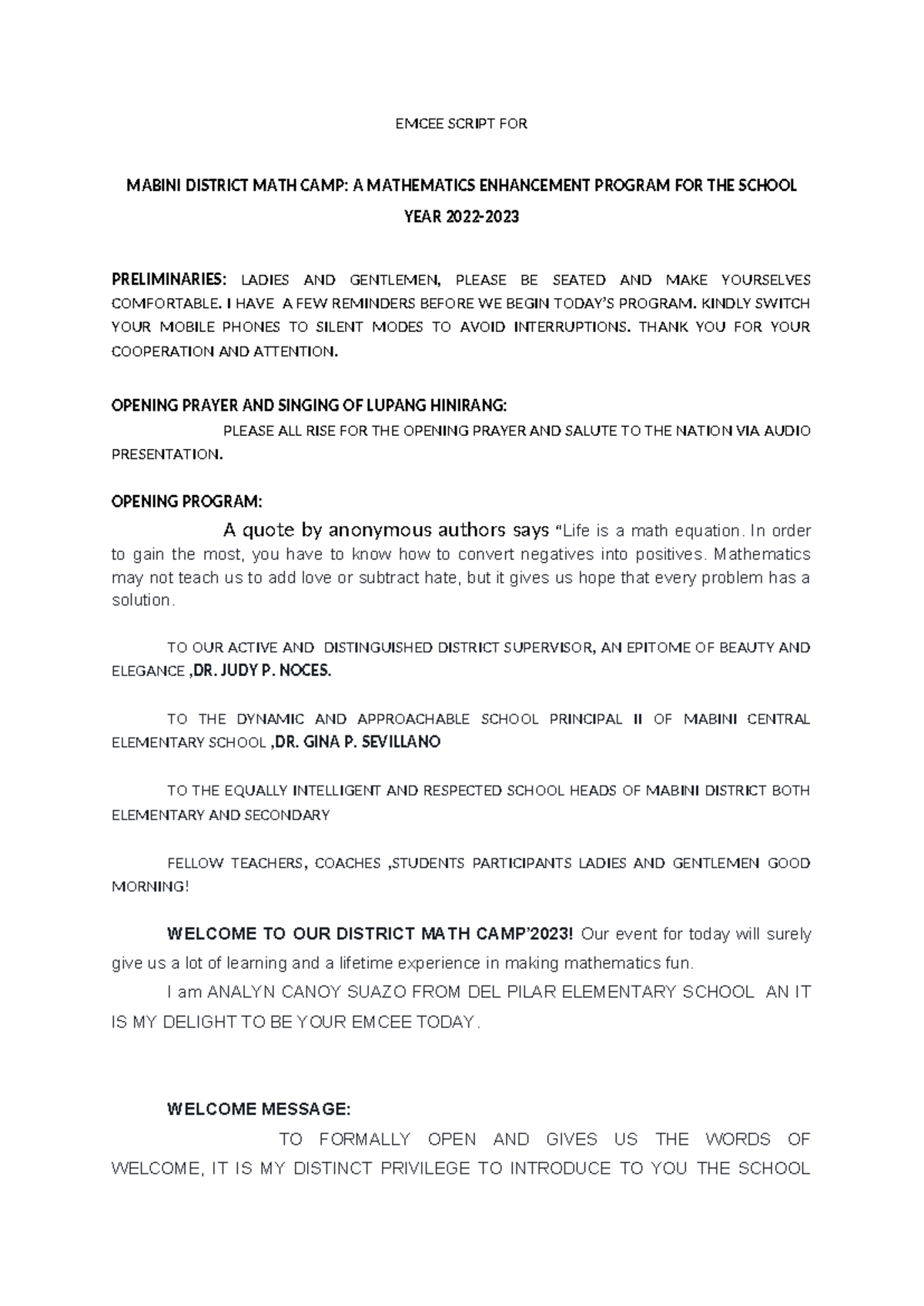 MATH 2023 Emcee Script for Mabini District Math Camp Event - Studocu