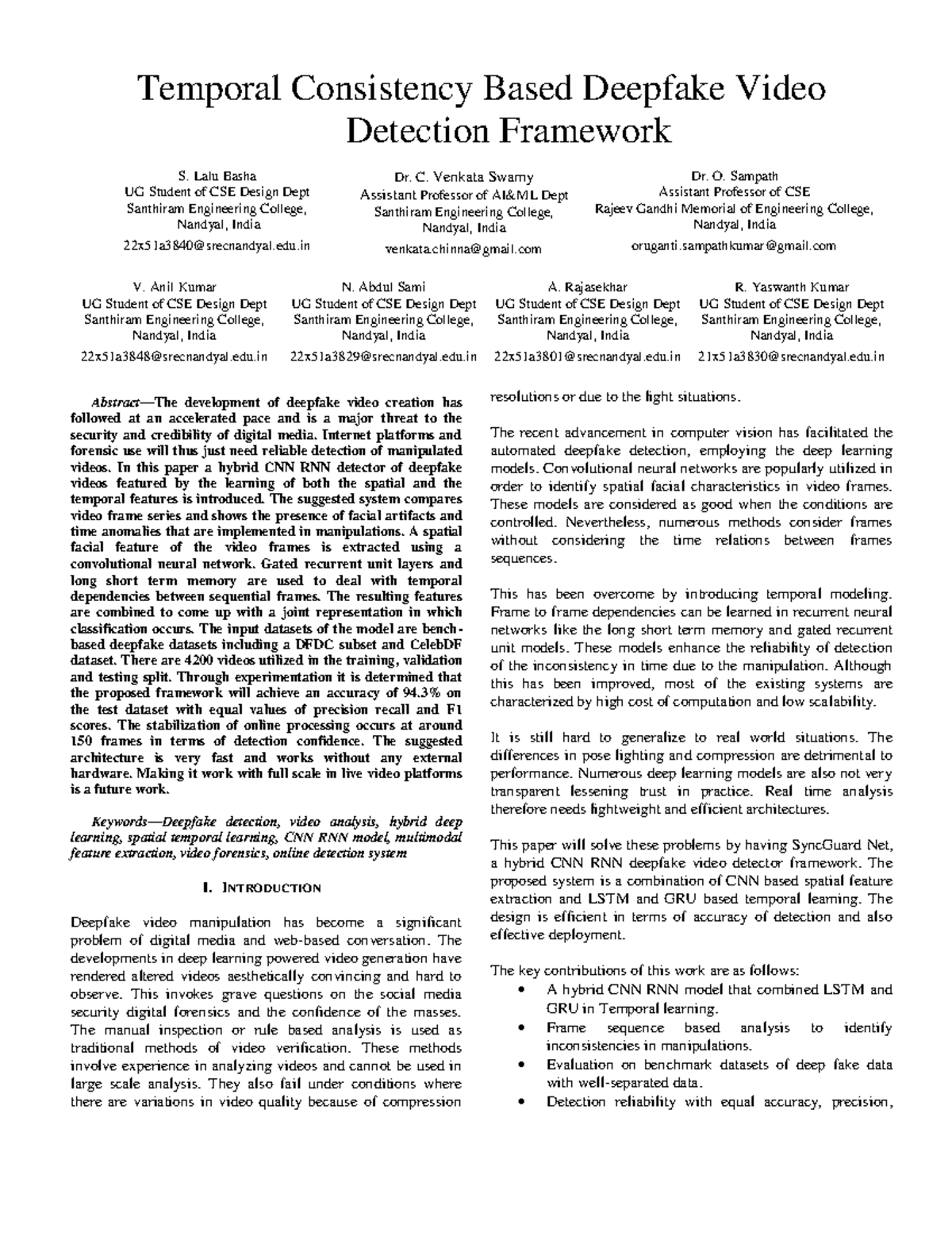 Deepfake Video Detection Framework: A Hybrid CNN-RNN Approach (CSE ...