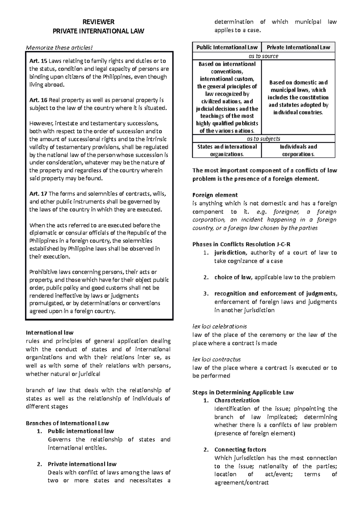 Private International Law - Key Concepts and Articles Reviewer - Document Preview