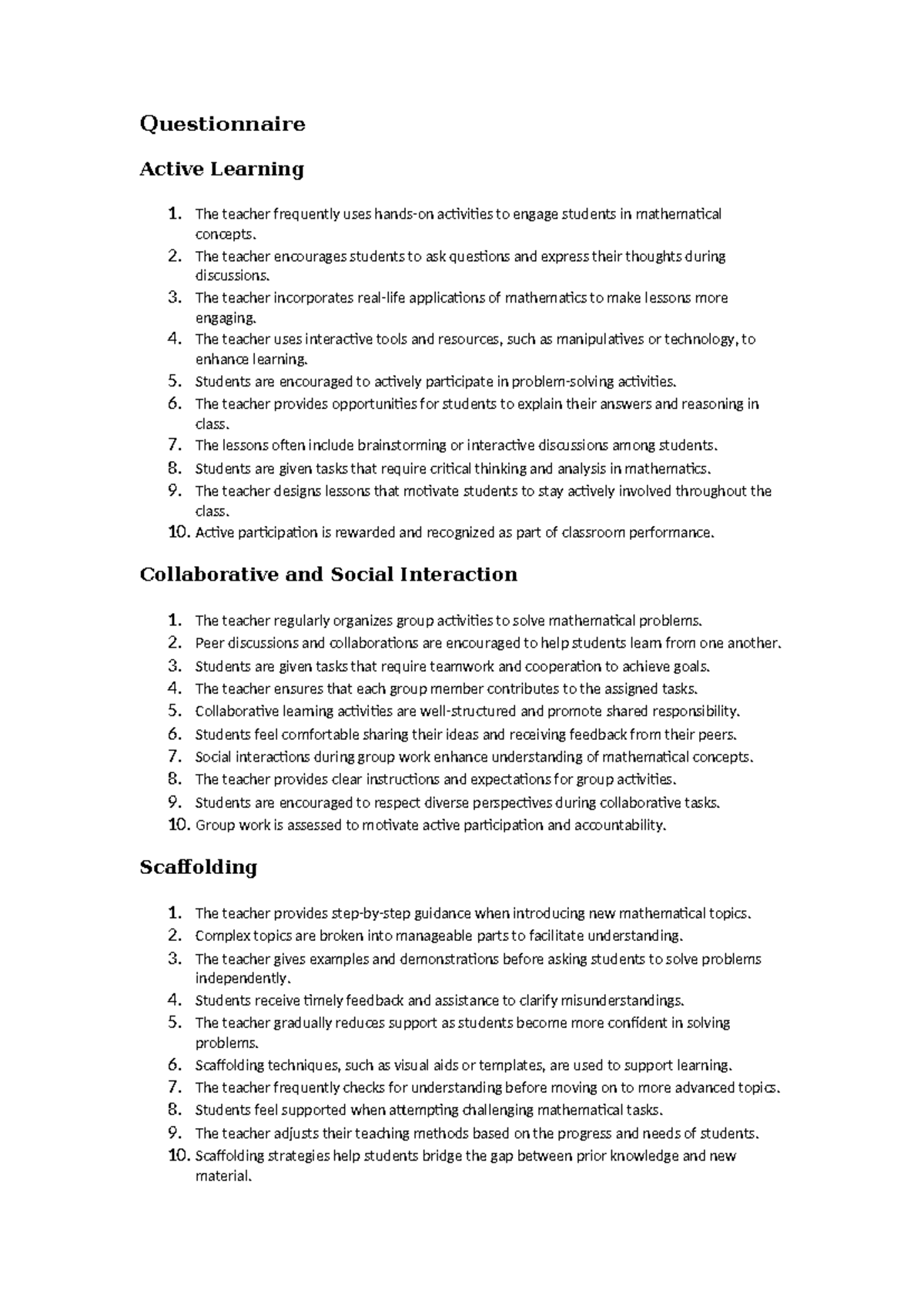 Questionnaire Teaching Style - Questionnaire Active Learning 1. The ...