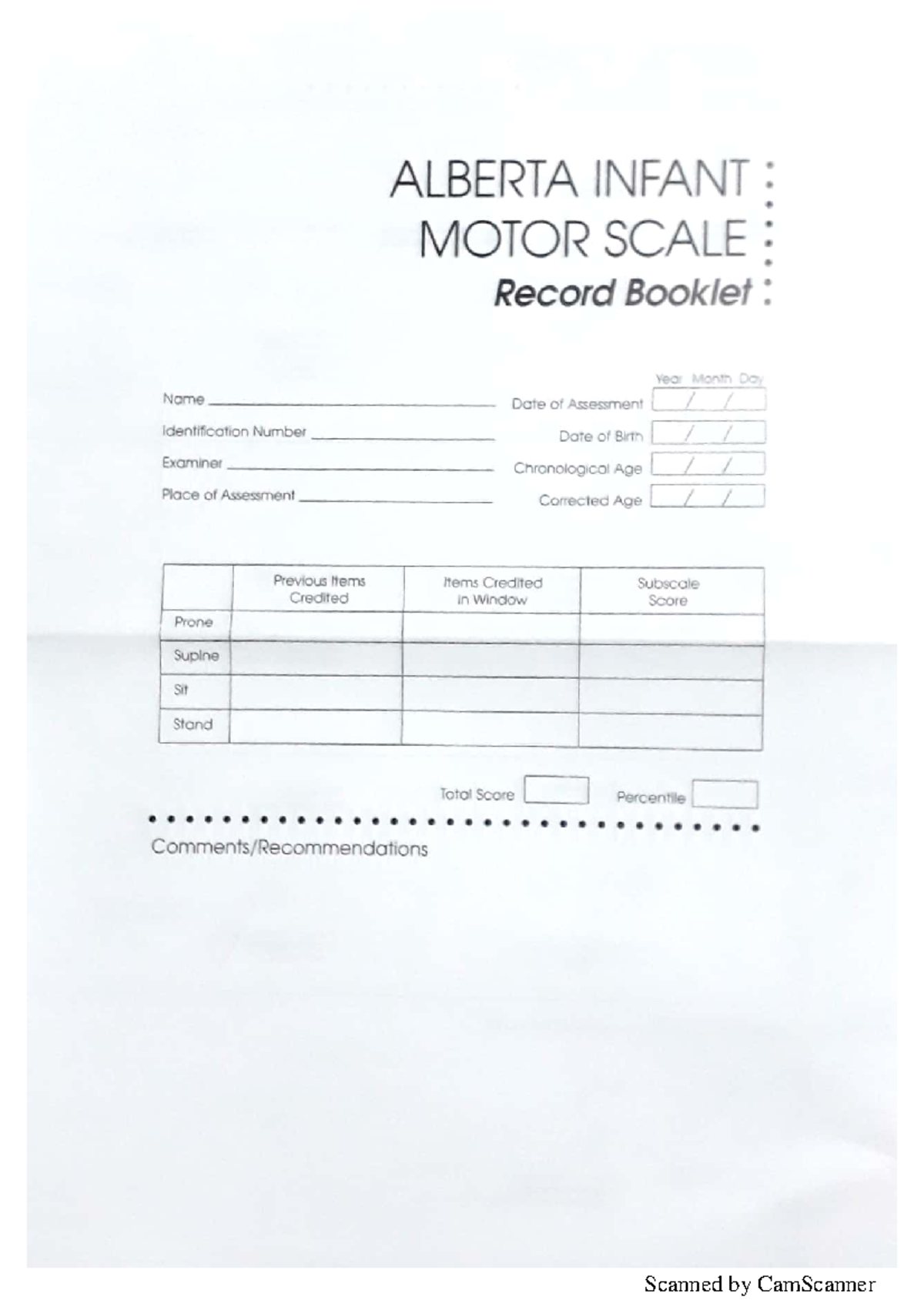 ALBERTA INFANT MOTOR SCALE (AIMS) Assessment Record Booklet - Studocu