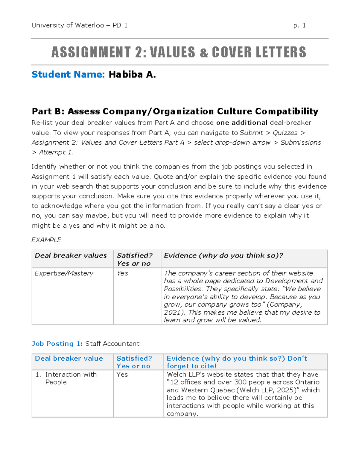 University of Waterloo PD 1: Assignment 2 - Values & Cover Letters ...