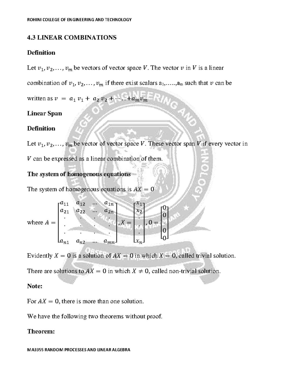 MA3355 RANDOM PROCESSES AND LINEAR ALGEBRA: Linear Combinations ...