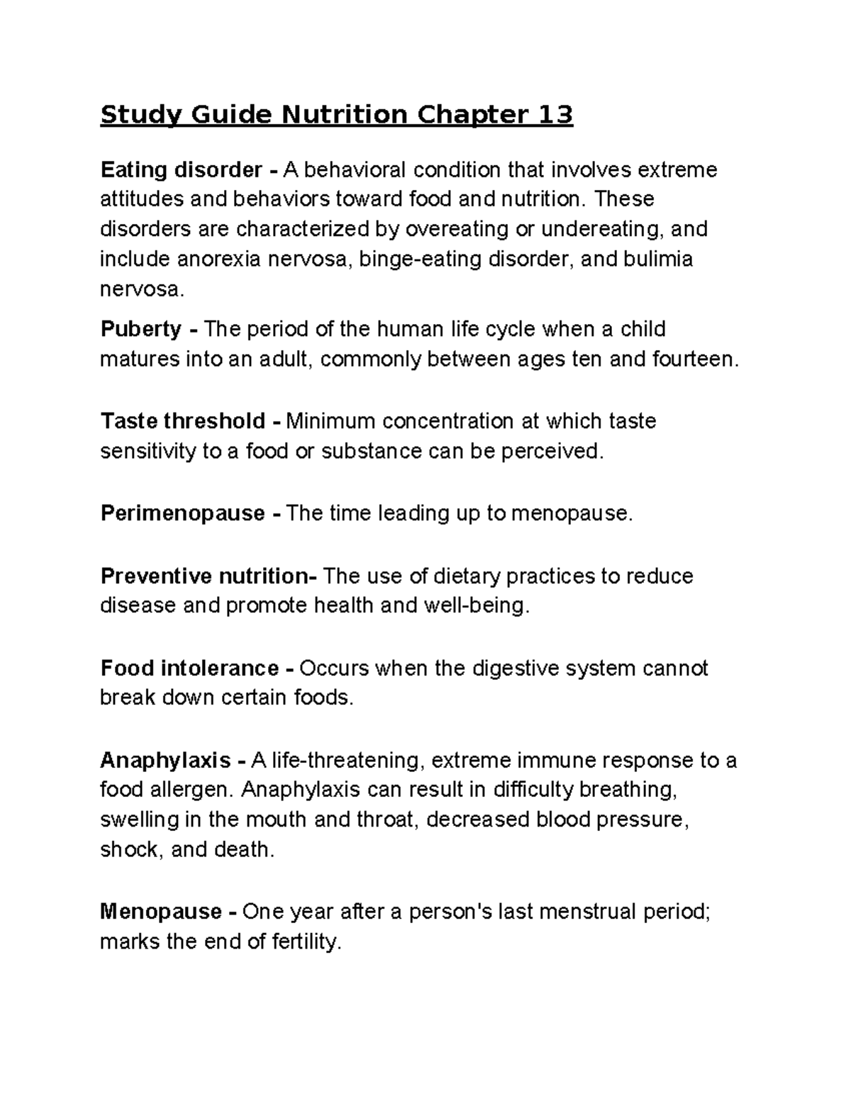 Study Guide: Nutrition Chapter 13 - Eating Disorders and Life Cycle ...