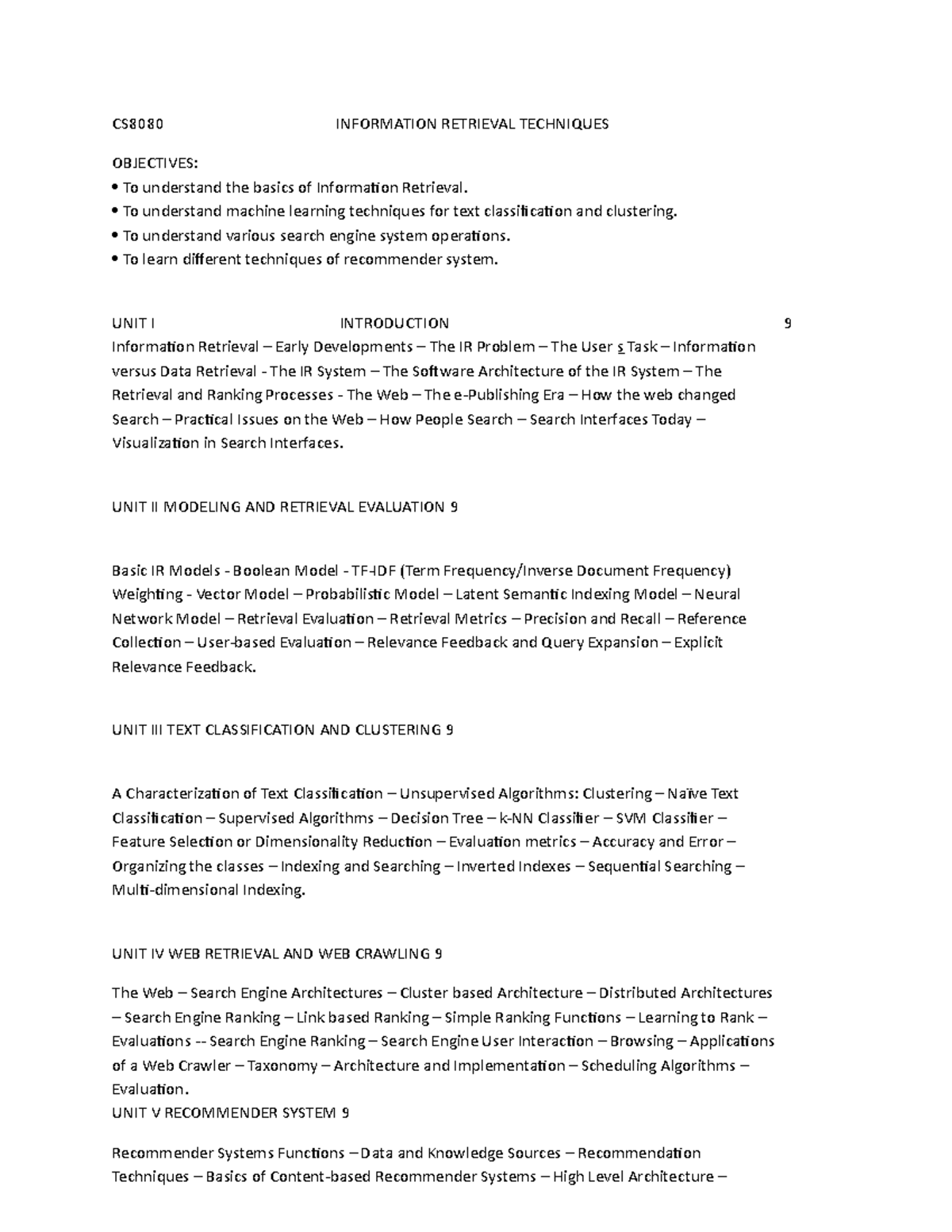 CS8080 Lecture Notes: Information Retrieval Techniques Overview - Studocu