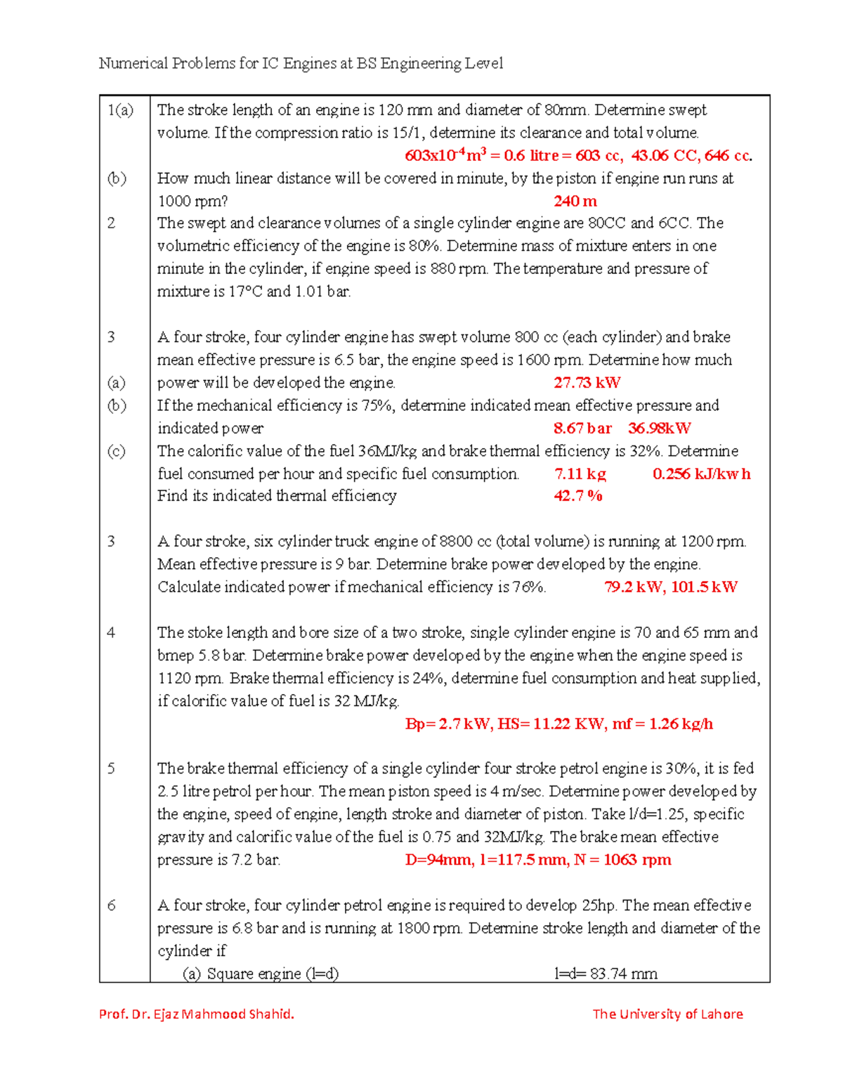 Numerical Problems for IC Engines - BS Engineering Level 1 - Studocu