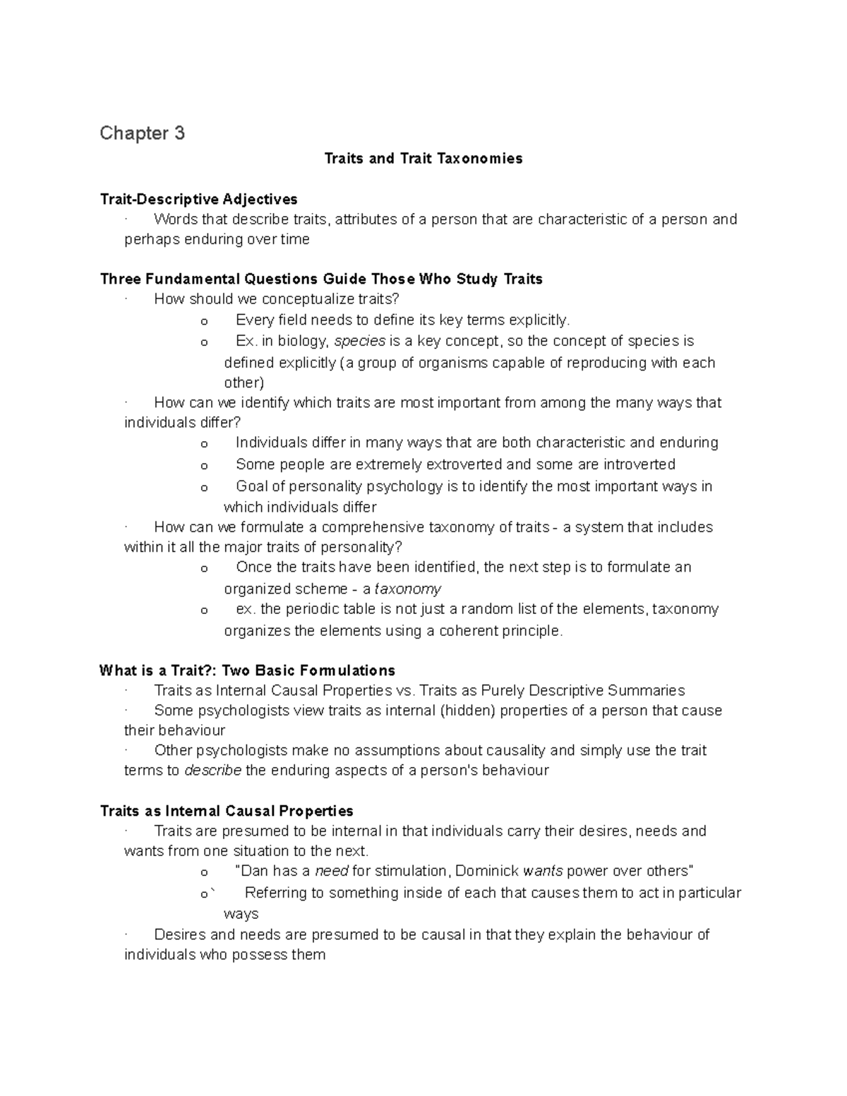 Psyc 2740 unit 3 - Lecture notes unit 3 - Chapter 3 Traits and Trait ...