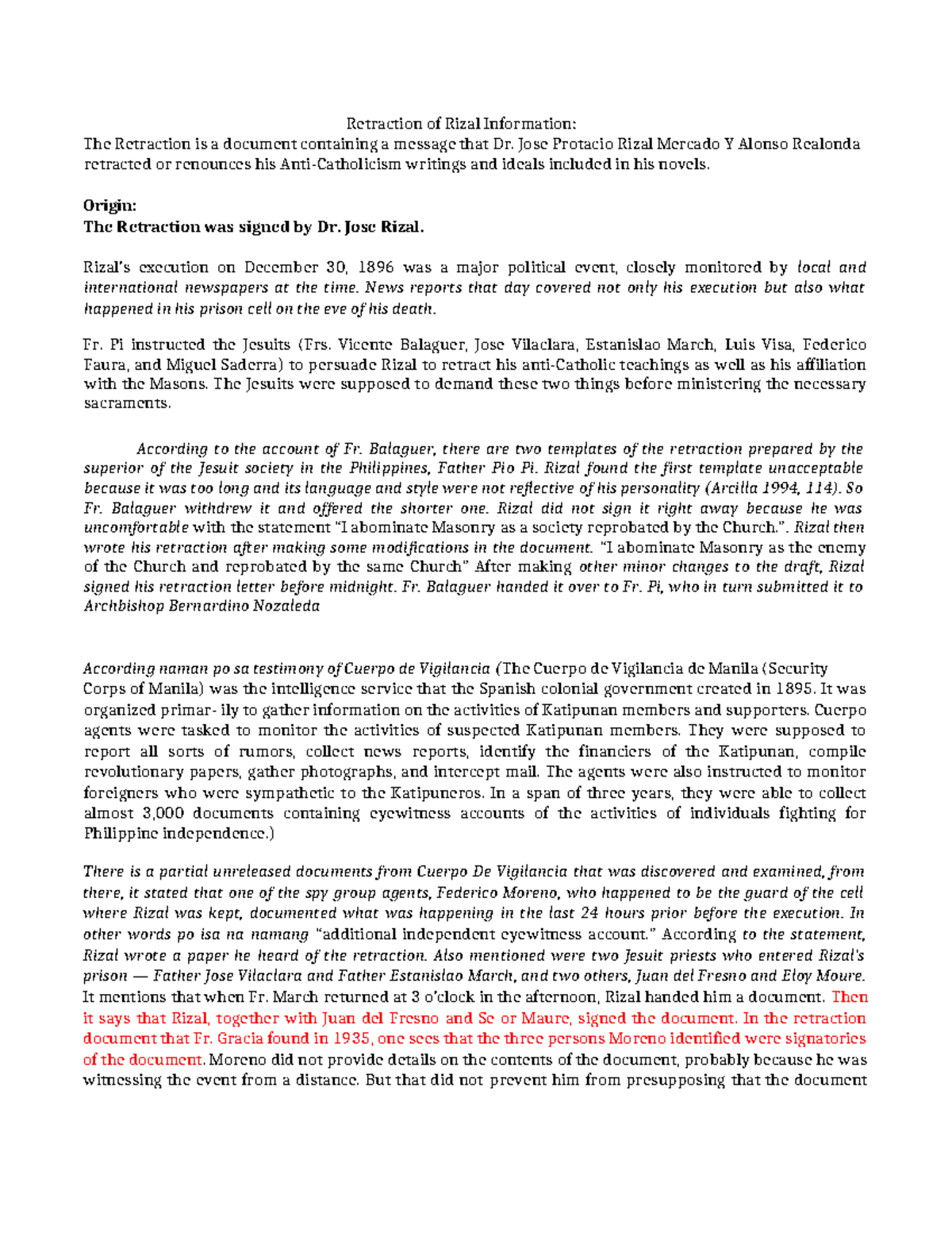 Retraction OF Rizal Background - Retraction of Rizal Information: The ...