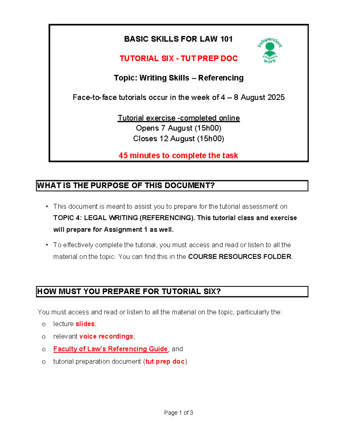 BASIC SKILLS FOR LAW 101: TUTORIAL 6 - WRITING & REFERENCING - Studocu
