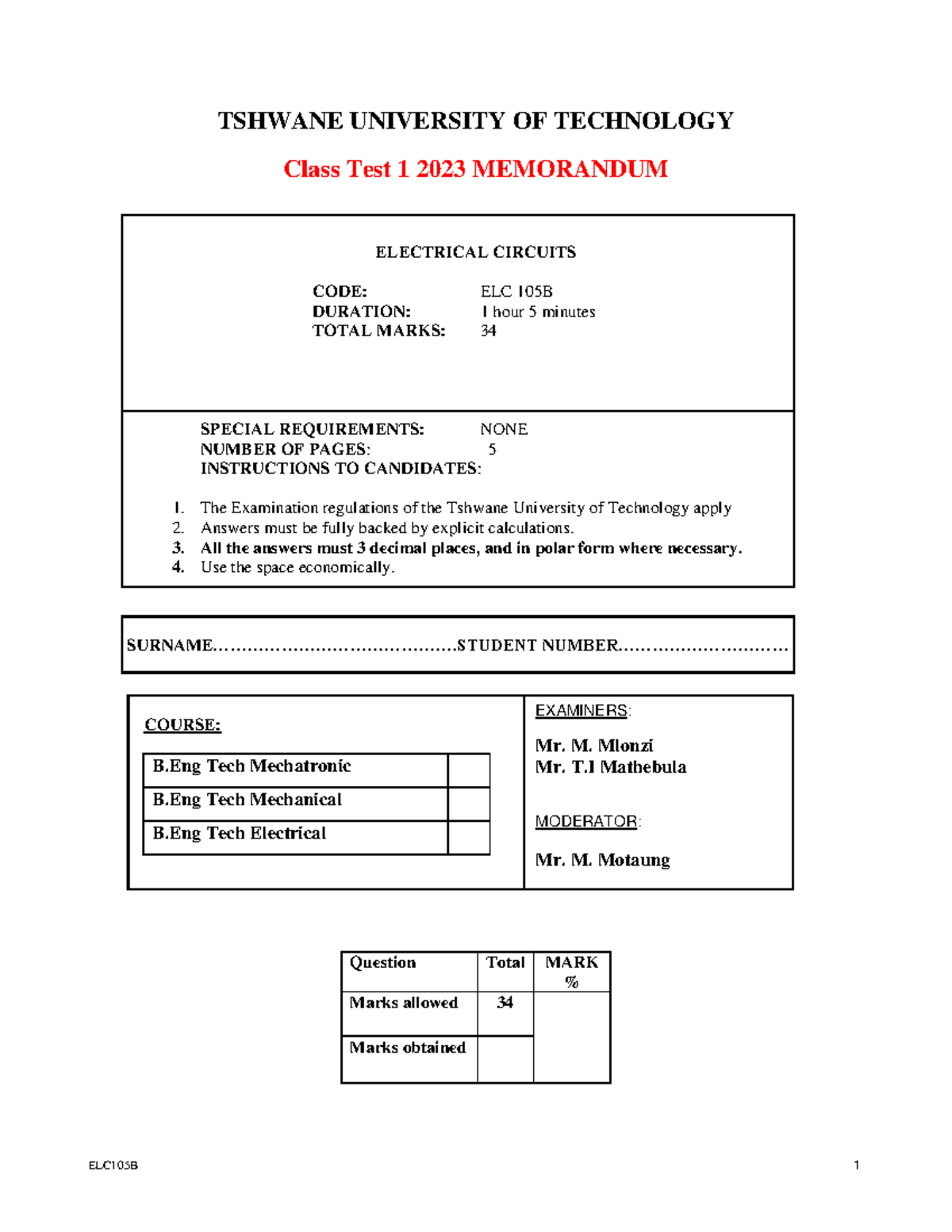 Class Test 1 2023 Memo: ELC 105B Electrical Circuits - Studocu