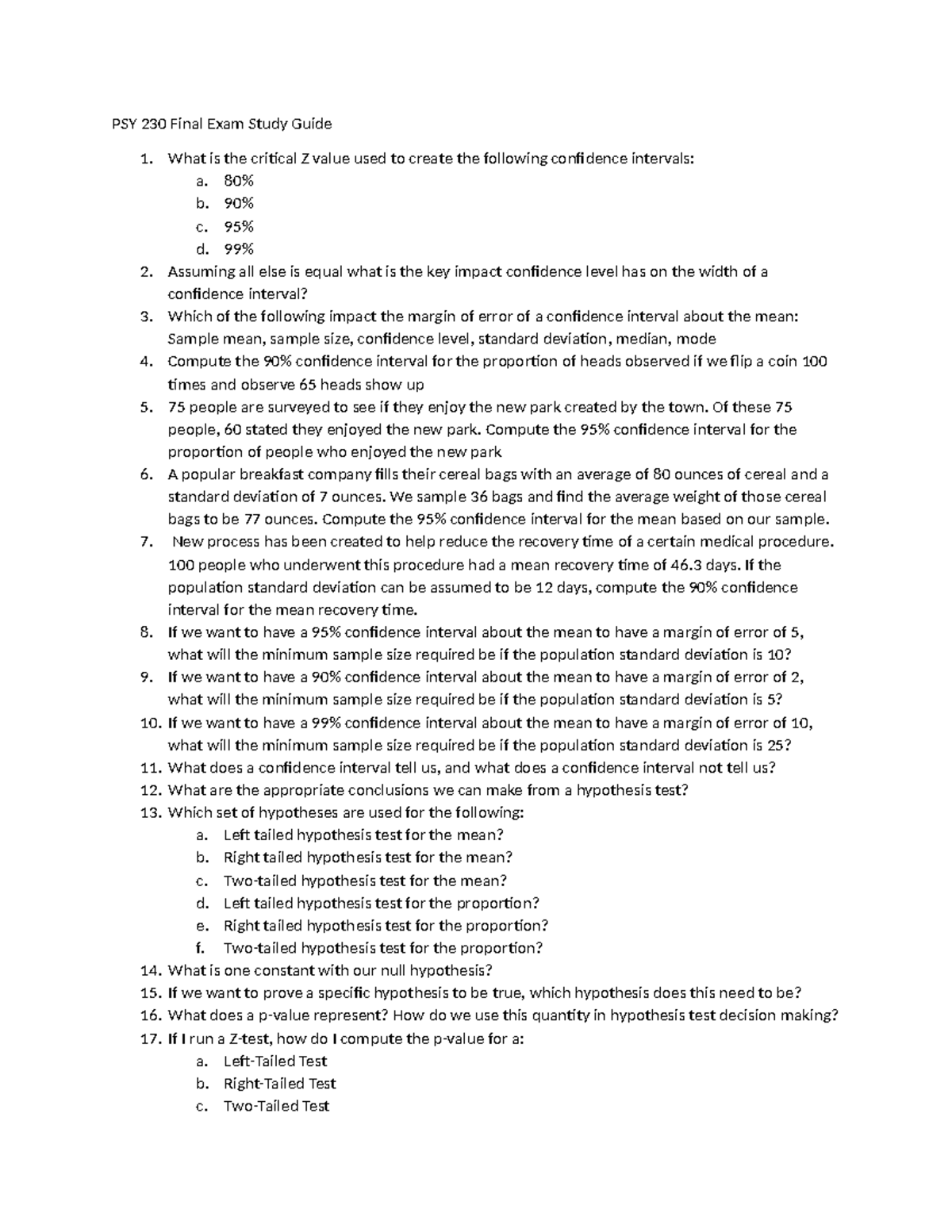 PSY 230 Final Exam Study Guide: Confidence Intervals & Hypothesis ...