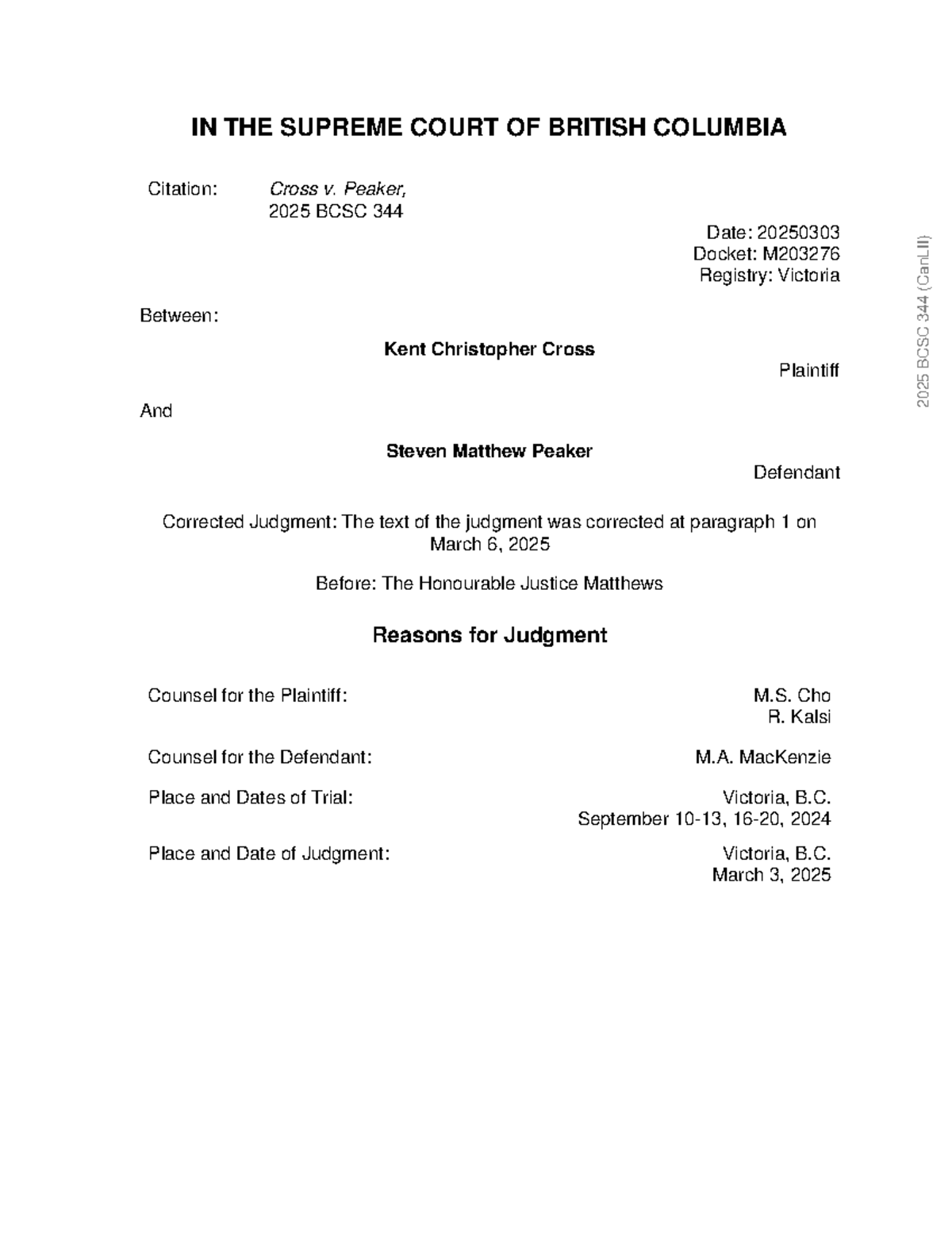 2025 BCSC 344: Judgment Analysis in Cross v. Peaker Case - Studocu