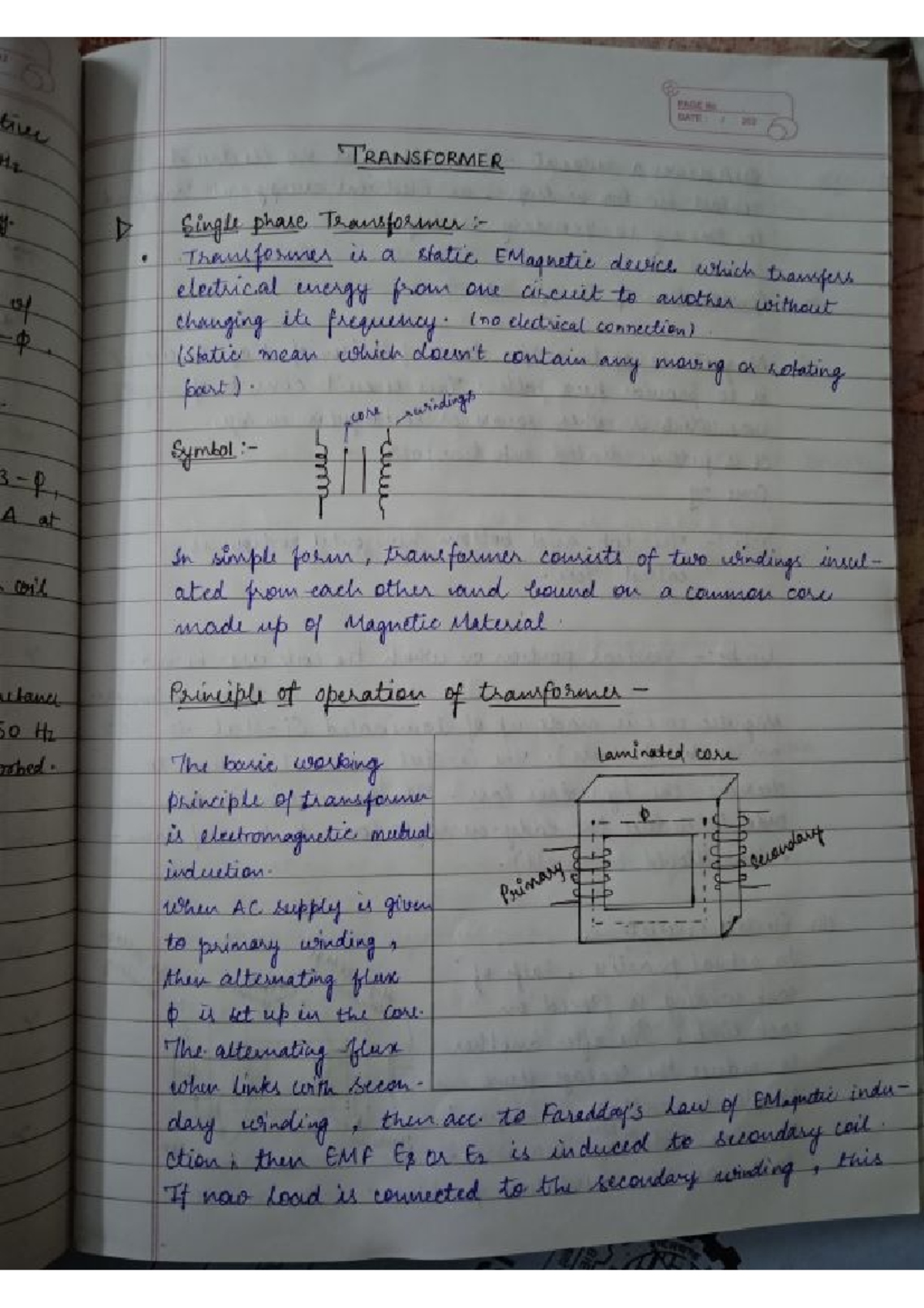 Basics Of Electrical Engineering - PAGE No DATE 202 TRANSFORMER Single ...