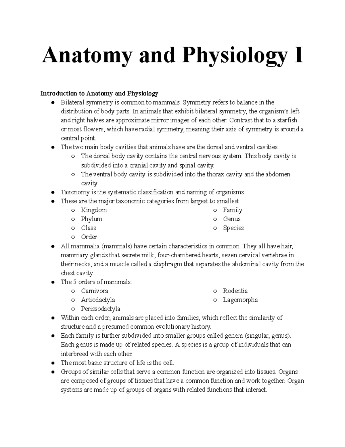 Anatomy and Physiology I: Overview of Body Systems and Structures - Studocu