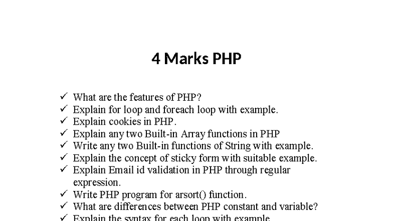 4 Marks PHP - BBA CA Important Features and Functions Explained - Studocu