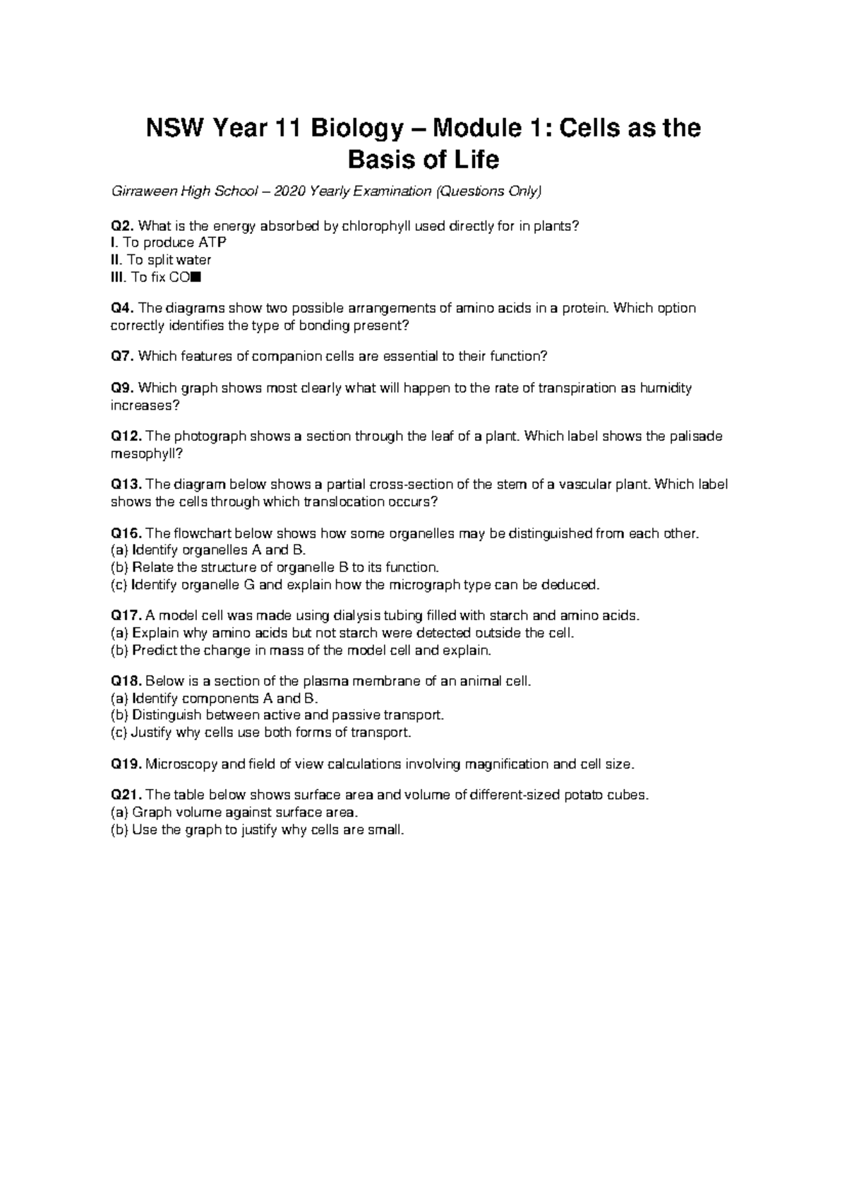 NSW Year 11 Biology Module 1: Cells Exam Questions 2020 - Studocu