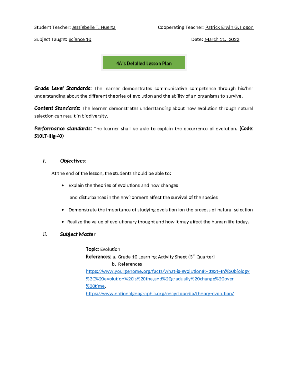 4AS Lesson Plan: Understanding Evolution and Natural Selection - Studocu