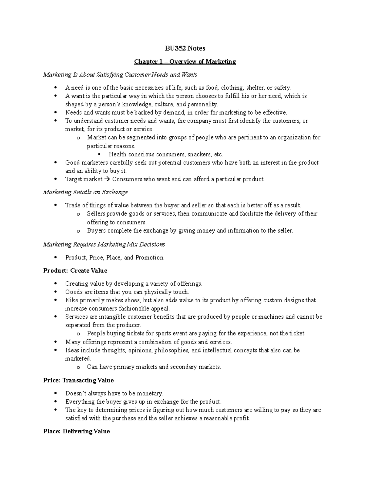 Marketing Management Final - BU352 Notes Chapter 1 – Overview of ...