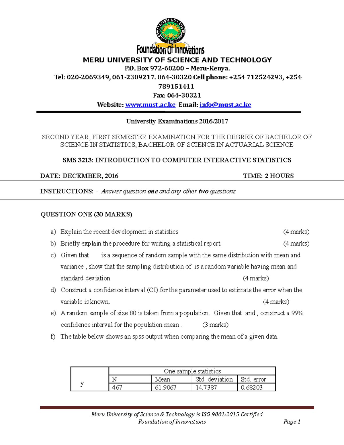 SMS 3213 Final Exam: Introduction to Computer Interactive Statistics ...