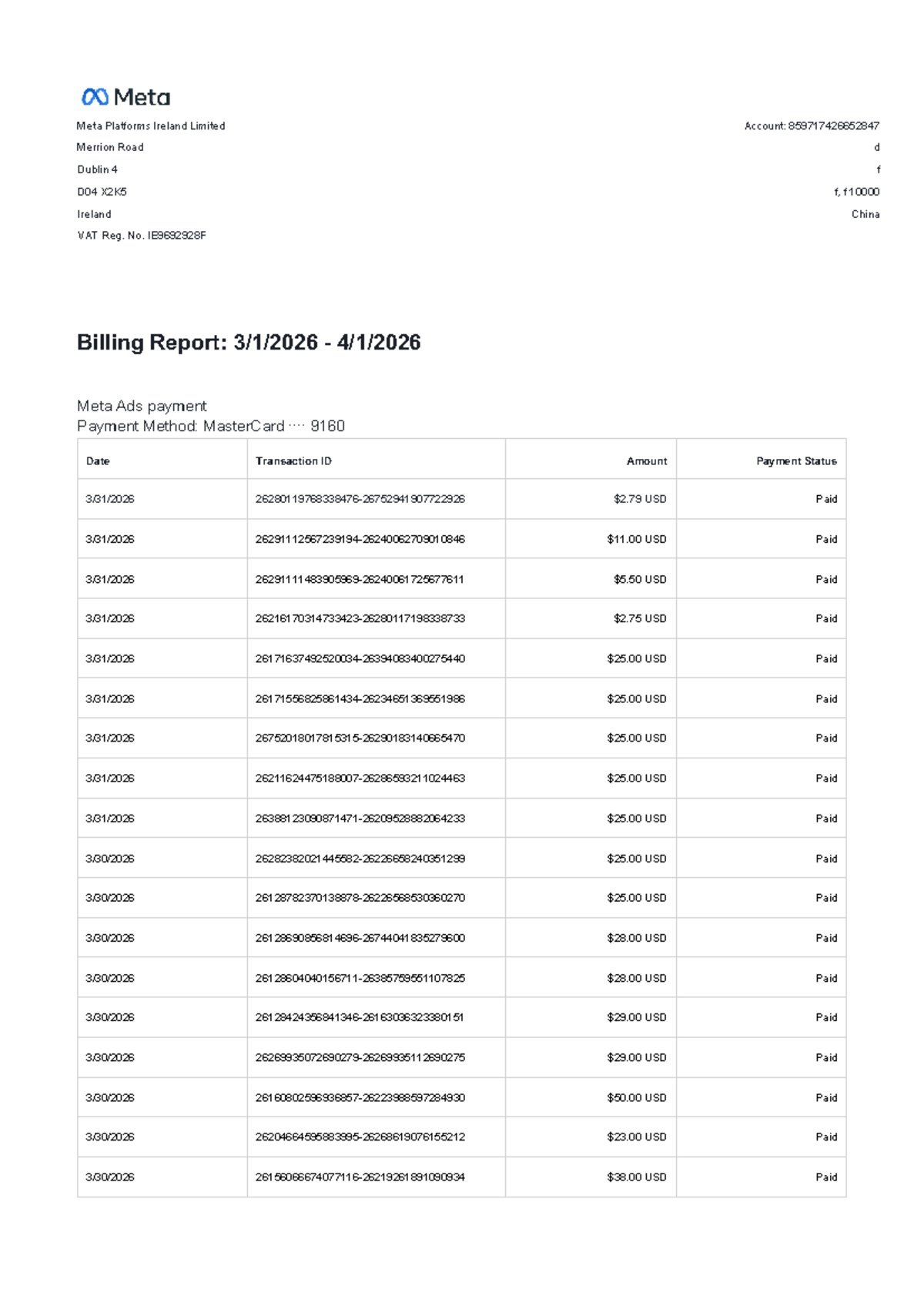 Meta Platforms Billing Report: Invoice Summary (2026-03-01 to 2026-04 ...