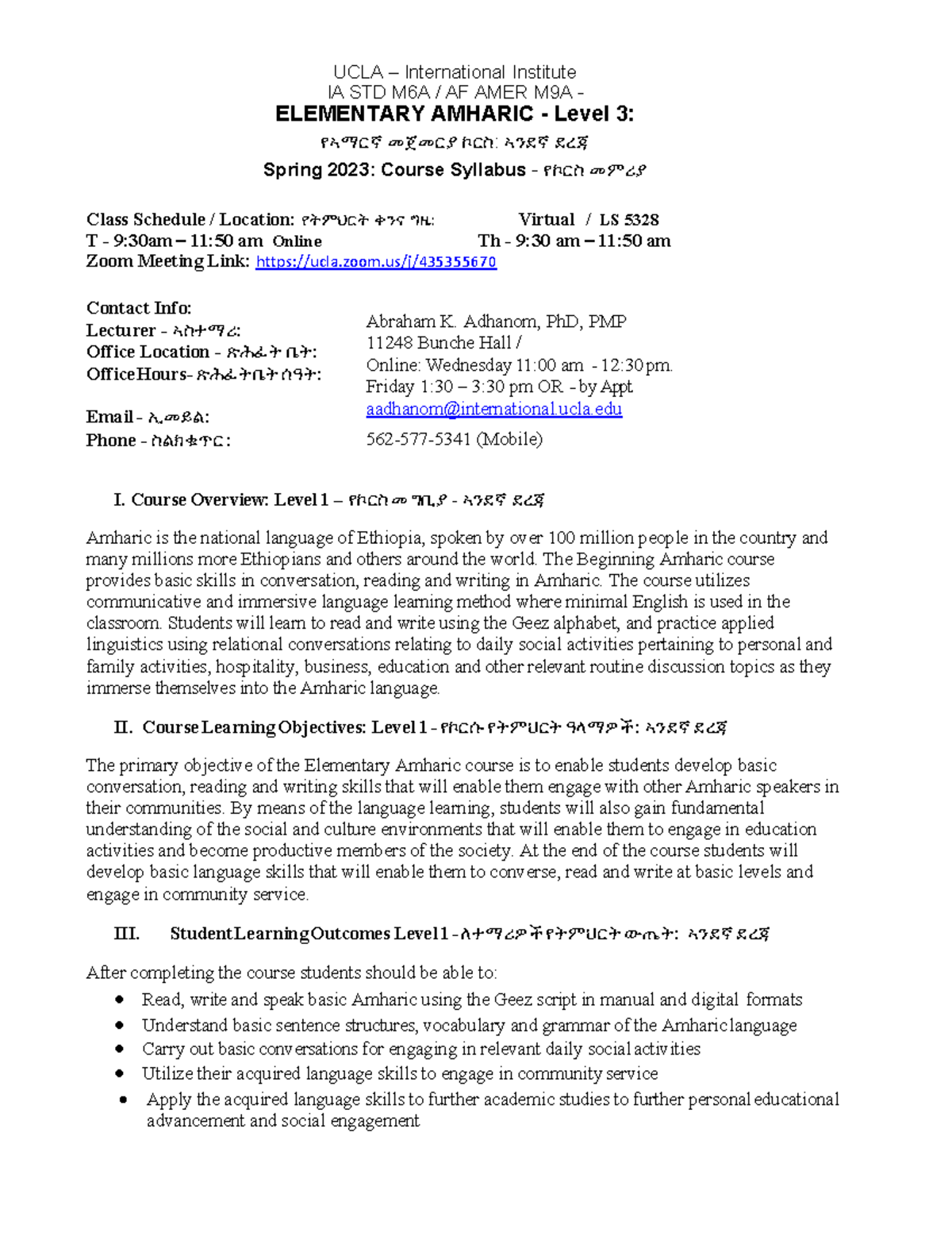 UCLA IA STD M6A AF AMER M9A Elementary Amharic Level 3 Syllabus Spring ...