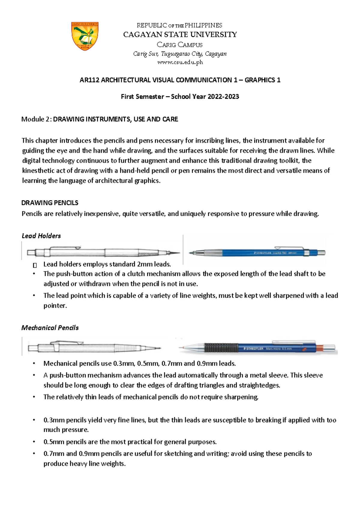 AR112 Graphics 1 Module 2: Drawing Instruments and Care Guide - Studocu