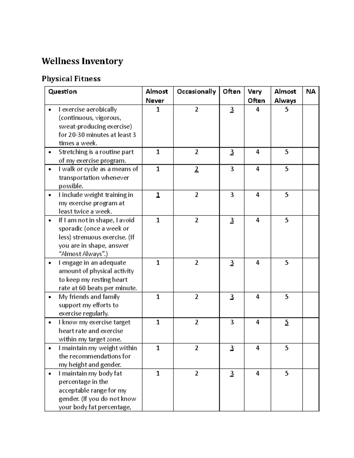 Nutr331 - Assignment - Wellness Inventory Physical Fitness Question ...