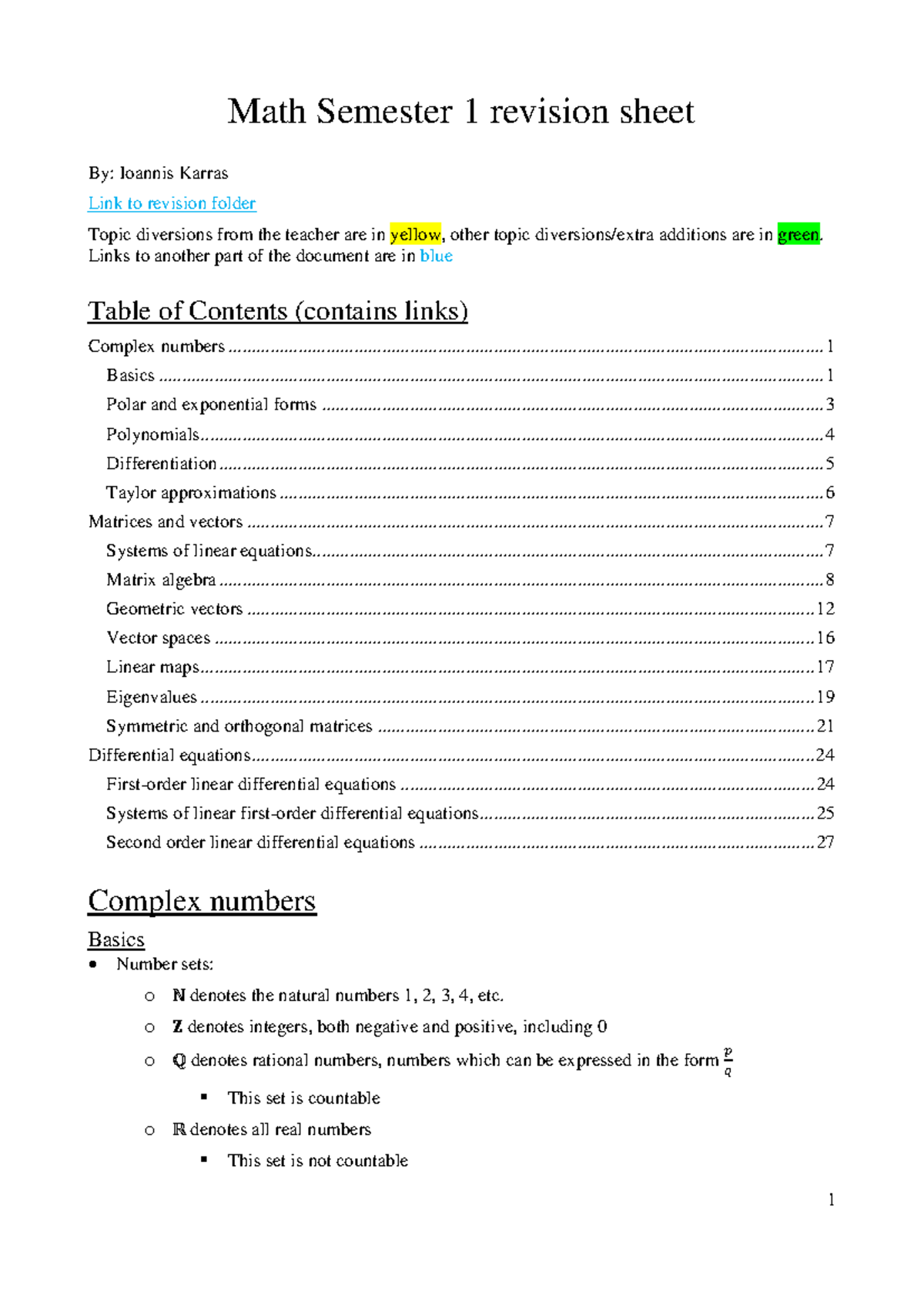 Math 1 Semester 1 Revision Sheet: Key Concepts and Formulas - Studocu