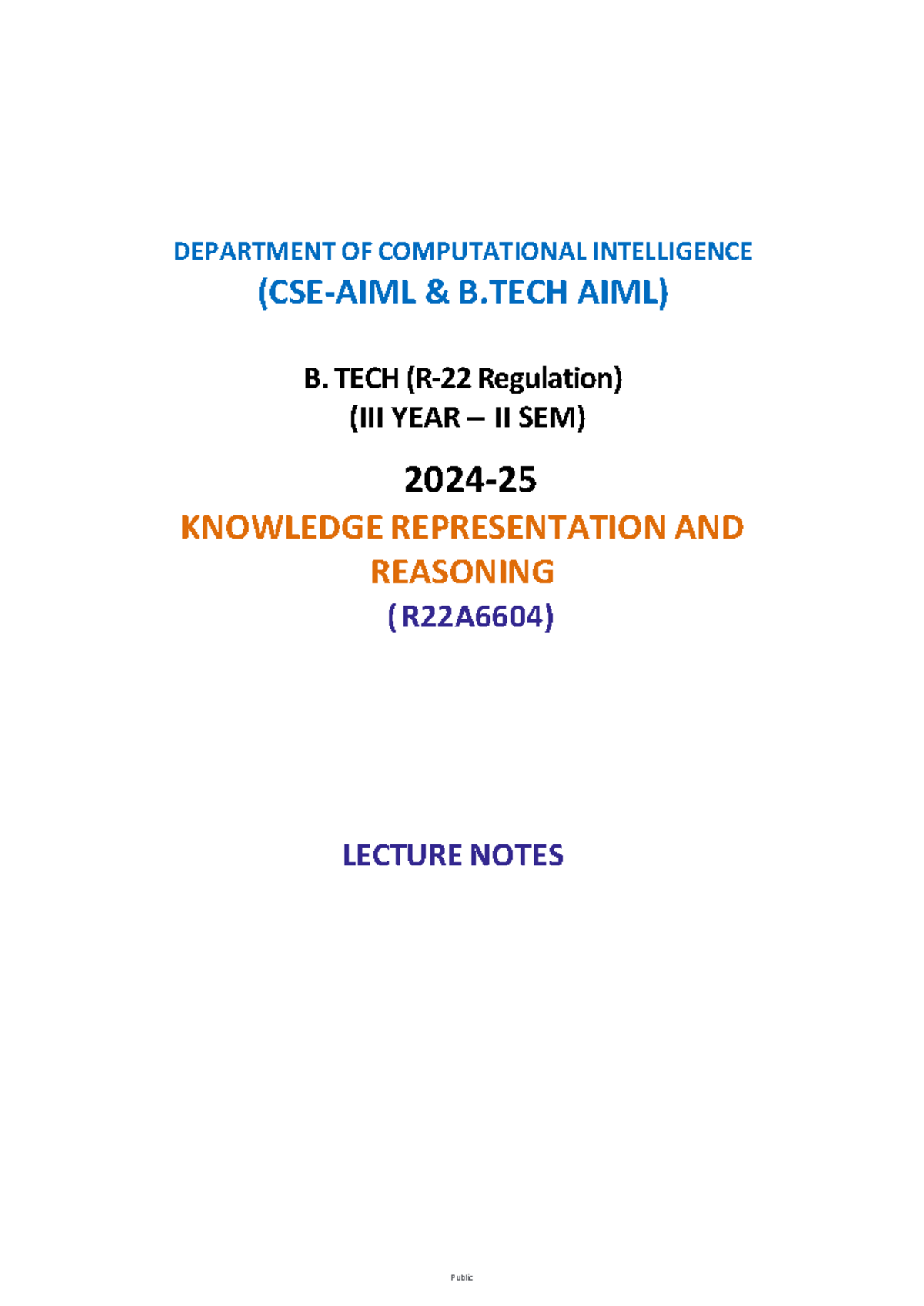 CSE-AIML R22A6604 Knowledge Representation & Reasoning Lecture Notes ...