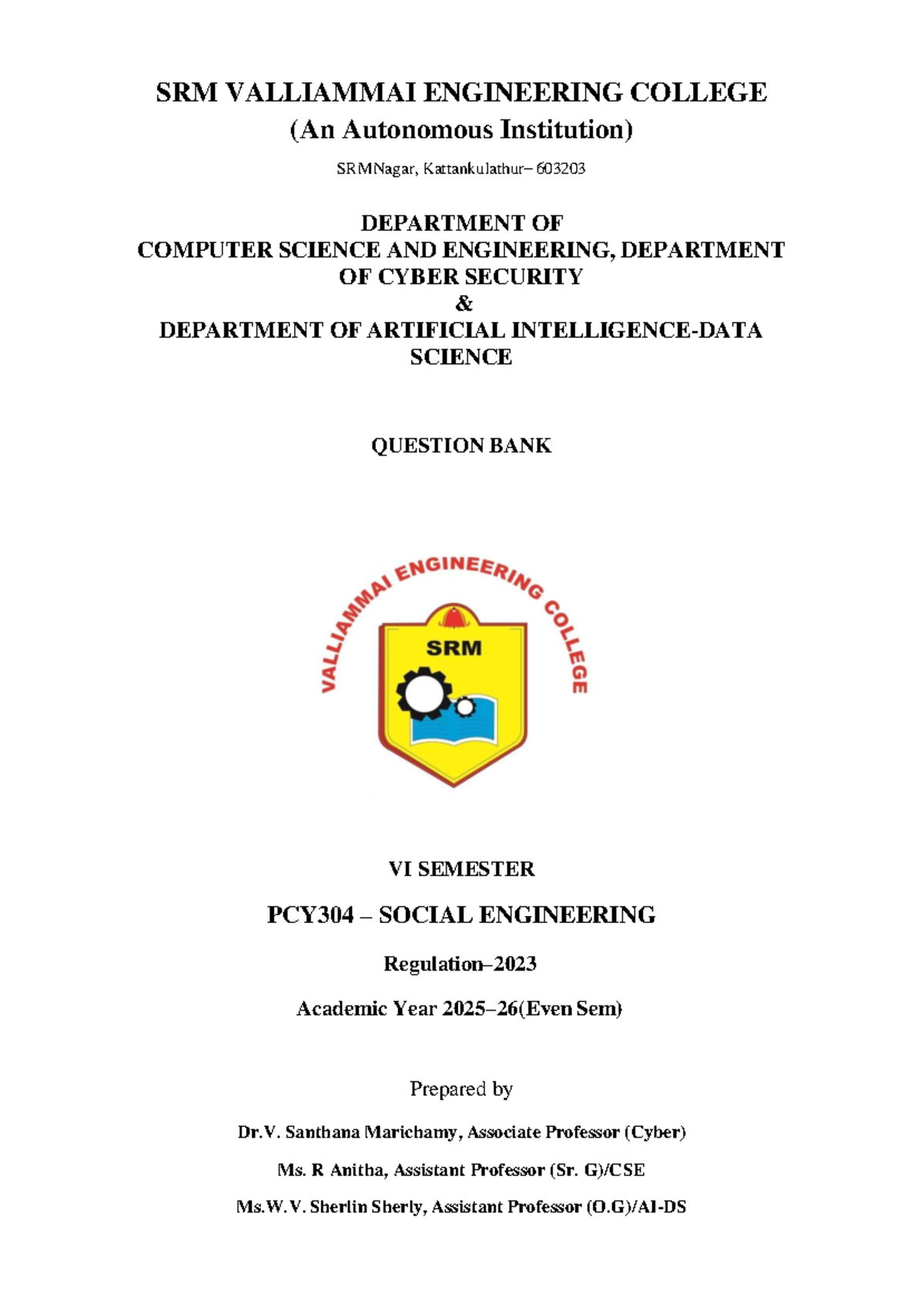 PCY304 Social Engineering: Comprehensive Question Bank for VI Semester ...