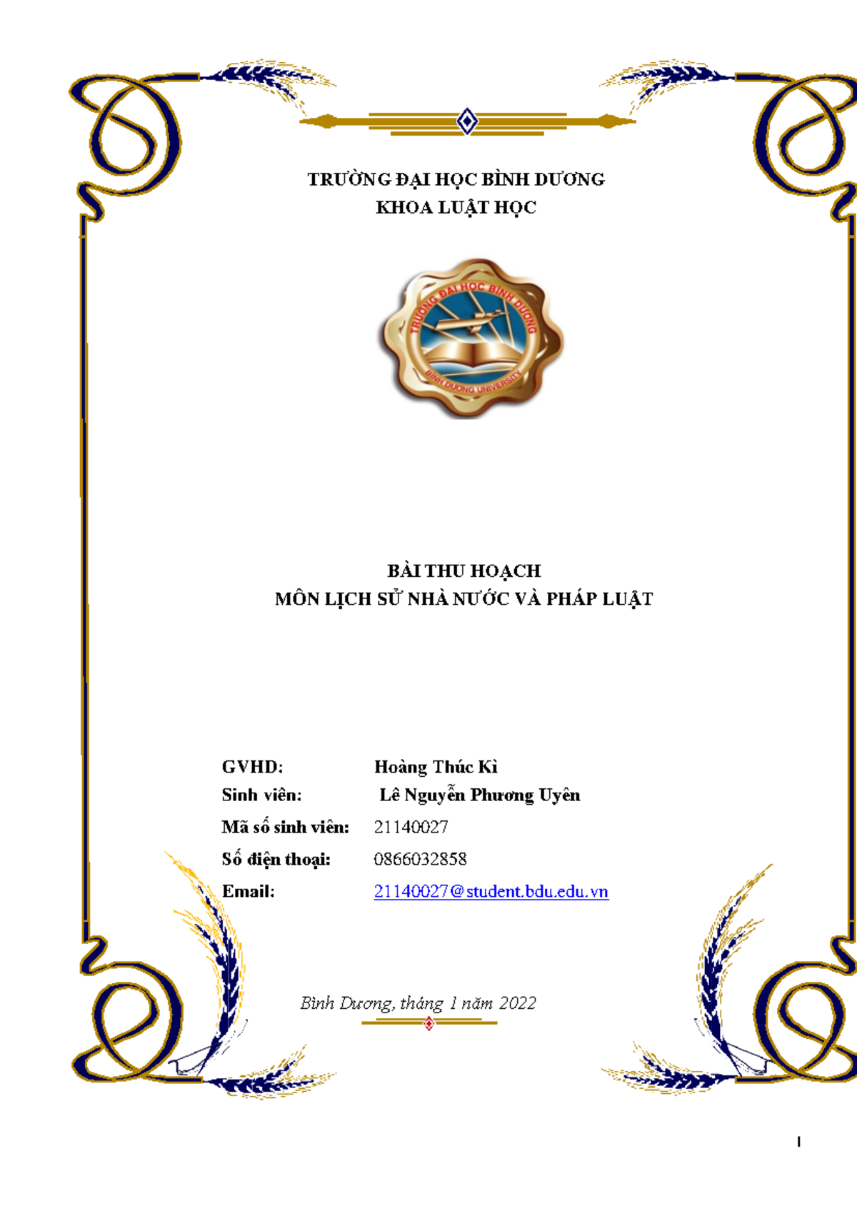 21140027-Le Nguyen Phuong Uyen-Lich Su Nha Nuoc Va Phap Luat - TR ̄ÞNG ...