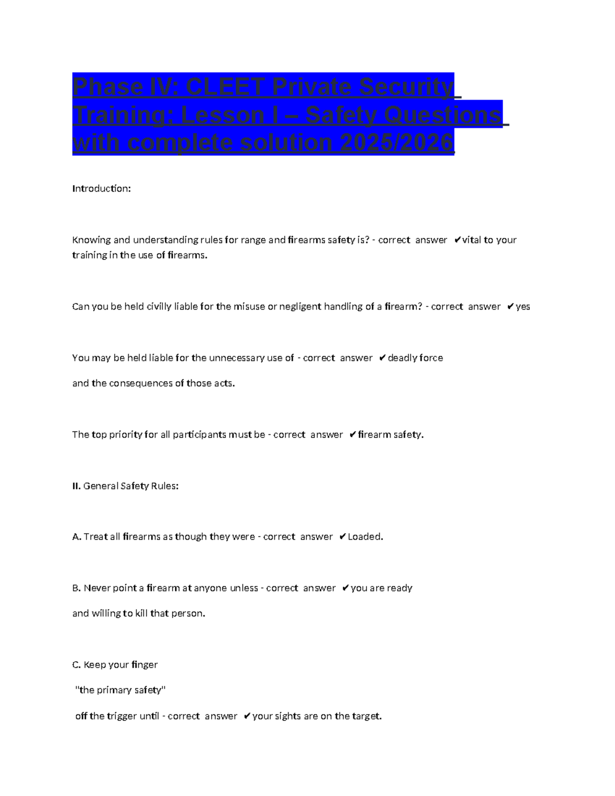 Phase IV: CLEET Private Security Lesson I - Firearms Safety Guidelines ...