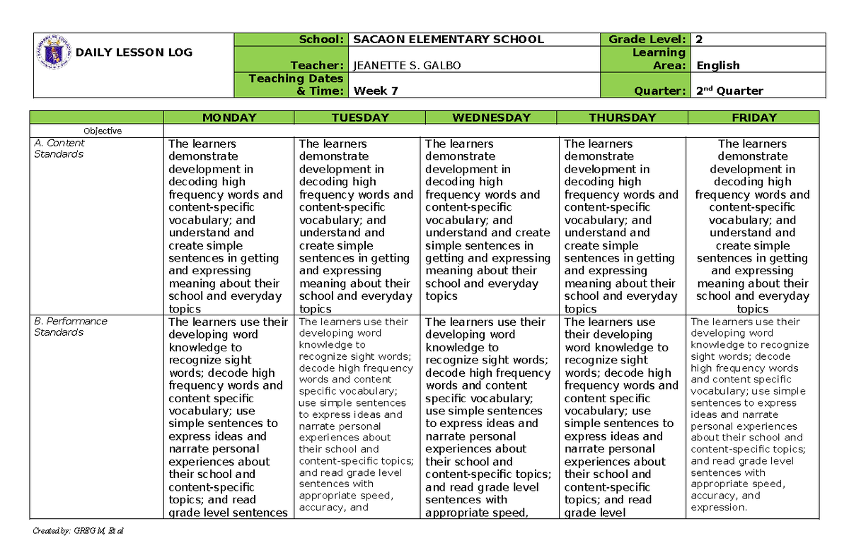 English 2 Q2 Week 7 - Daily Lesson Log and Narrative Report - Studocu
