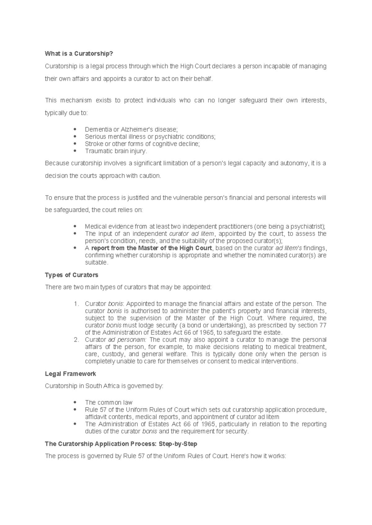 Curatorship Application Steps: Legal Process Overview - Studocu